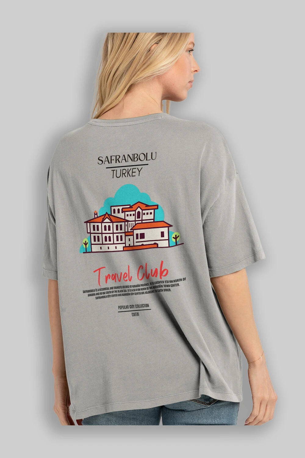 Safranbolu Turkey Arka Baskılı Oversize t-shirt Erkek Kadın Pamuk Bisiklet Yaka tişort