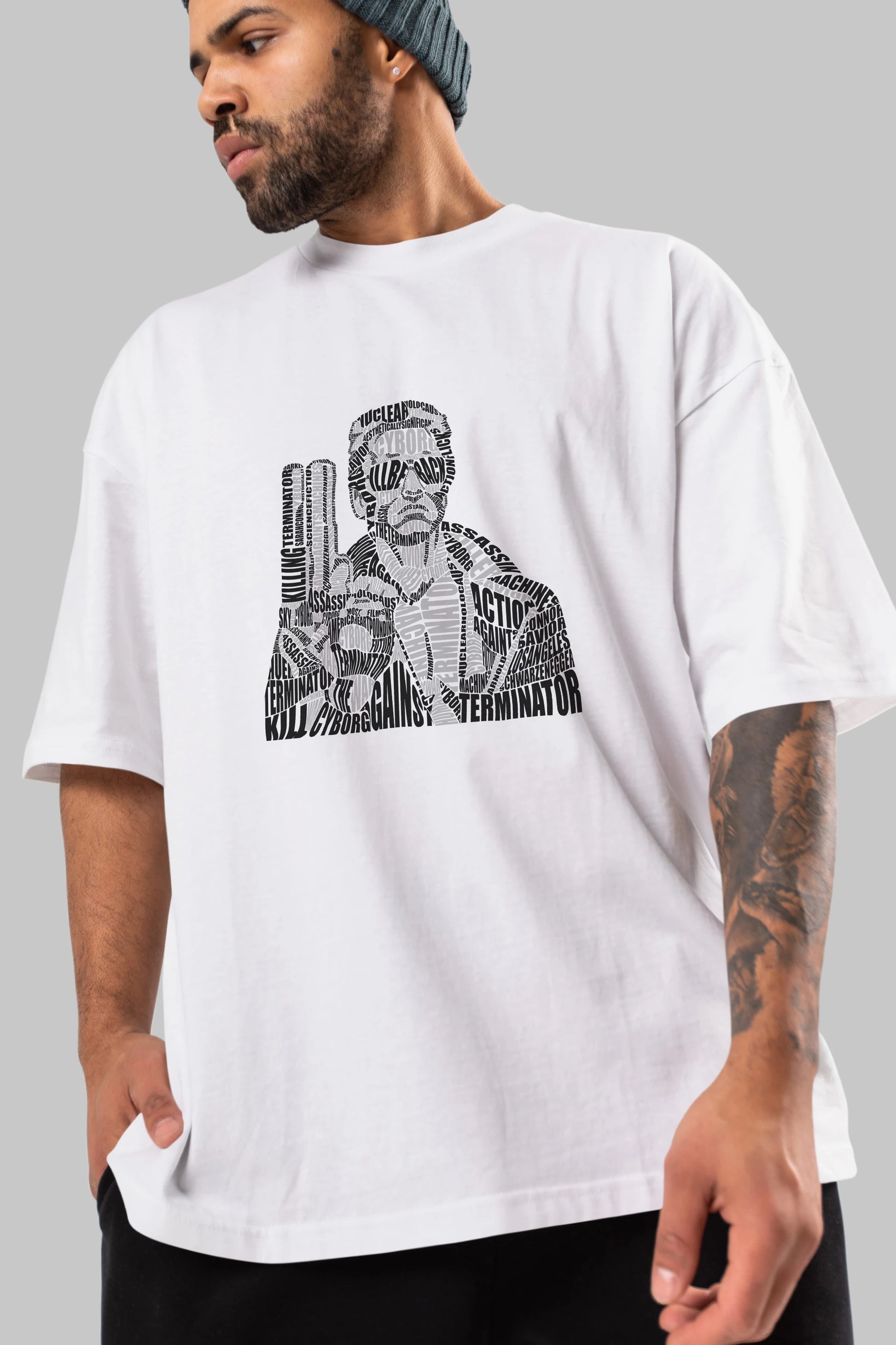 Terminator Calligram Ön Baskılı Oversize t-shirt %100 pamuk Erkek Kadın Unisex