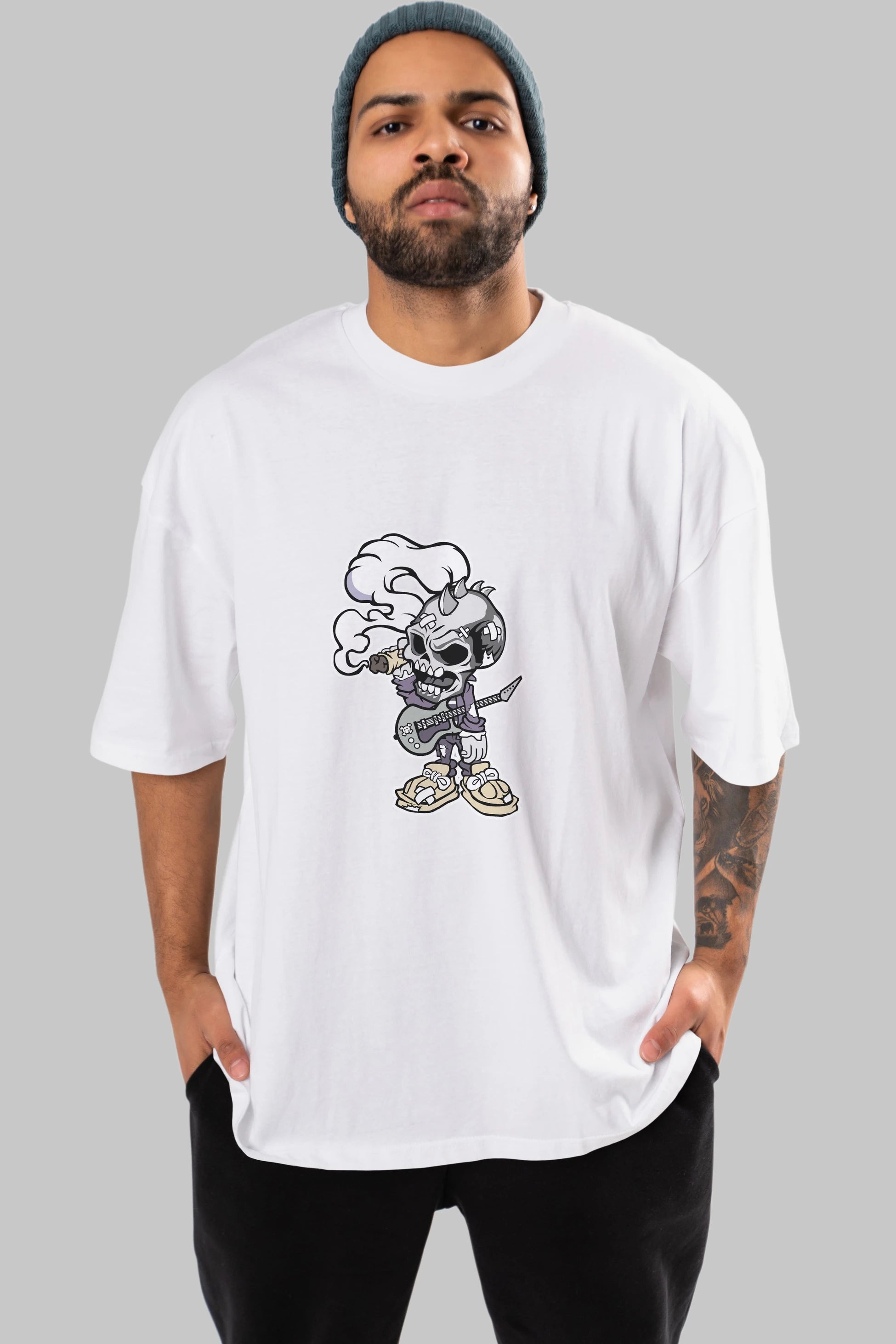 Skull Smoker Punk Rocker Ön Baskılı Oversize t-shirt Erkek Kadın Unisex %100 Pamuk tişort