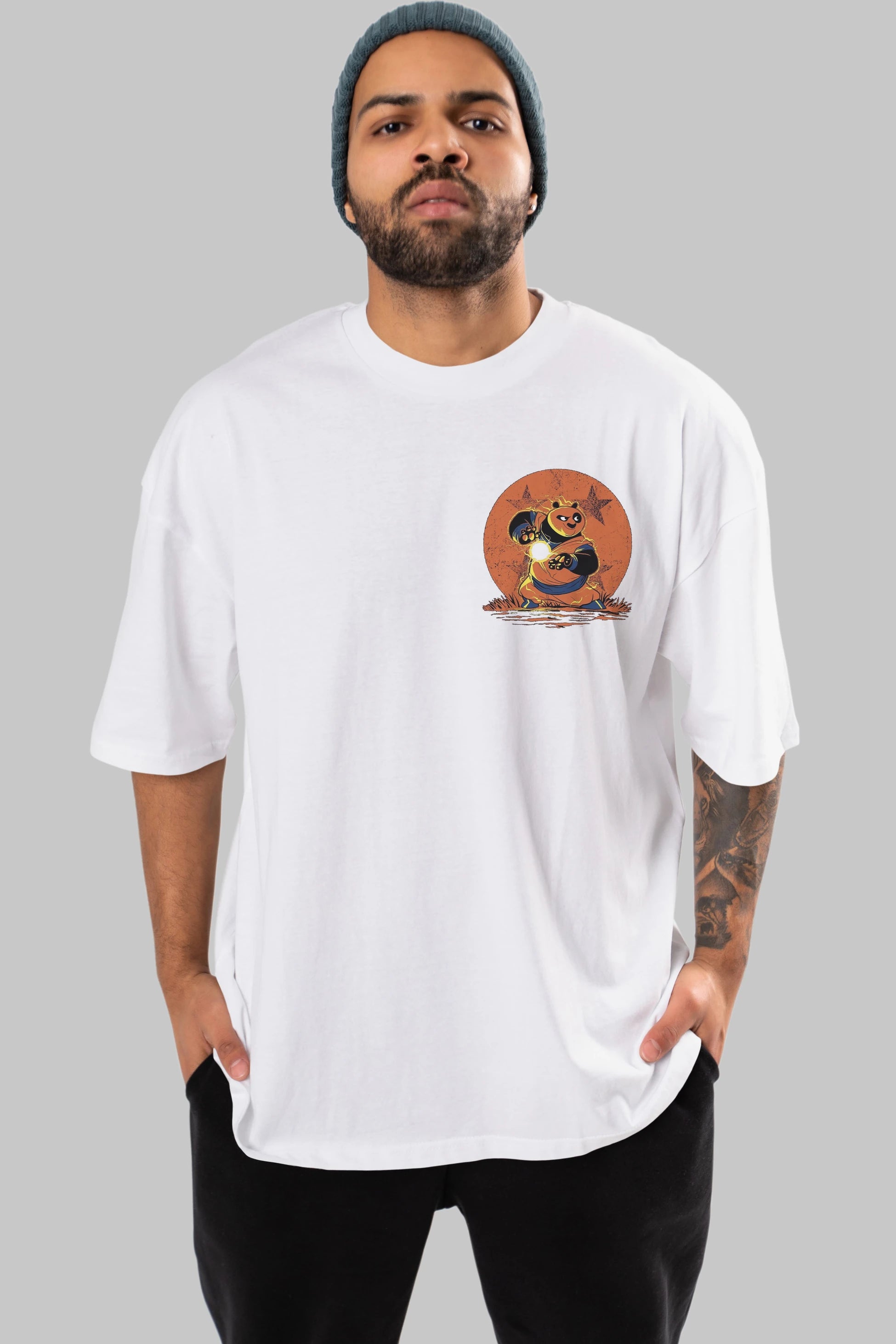 Kung Fu Panda Ön Sol Baskılı Oversize t-shirt Erkek Kadın Unisex %100 Pamuk Bisiklet Yaka tişort