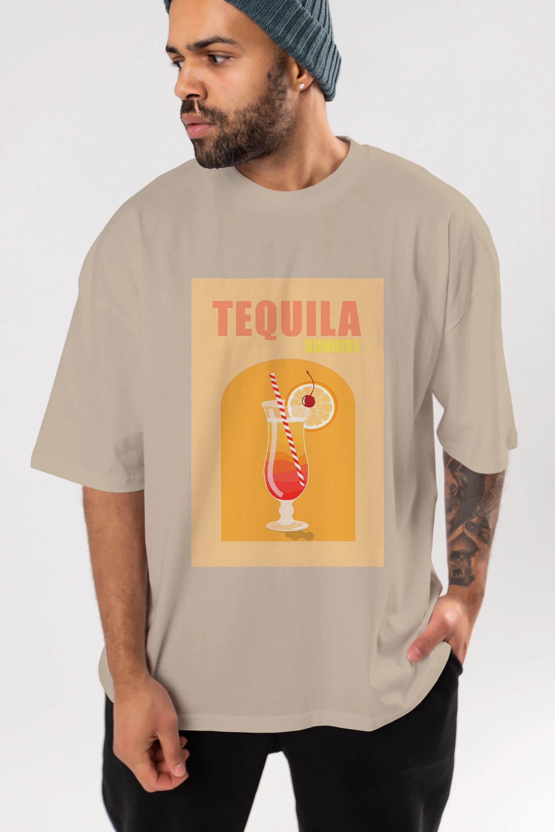 Tequila Sunrise Ön Baskılı Oversize t-shirt Erkek Kadın Unisex %100 Pamuk Bisiklet Yaka tişort