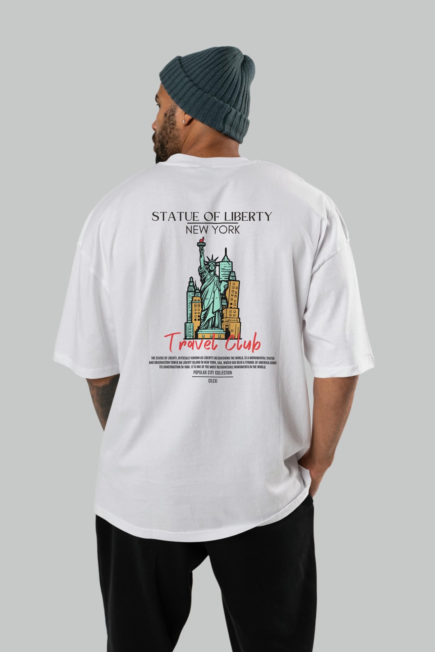 Statue Of Liberty New York Arka Baskılı Oversize t-shirt Erkek Kadın Pamuk Bisiklet Yaka tişort