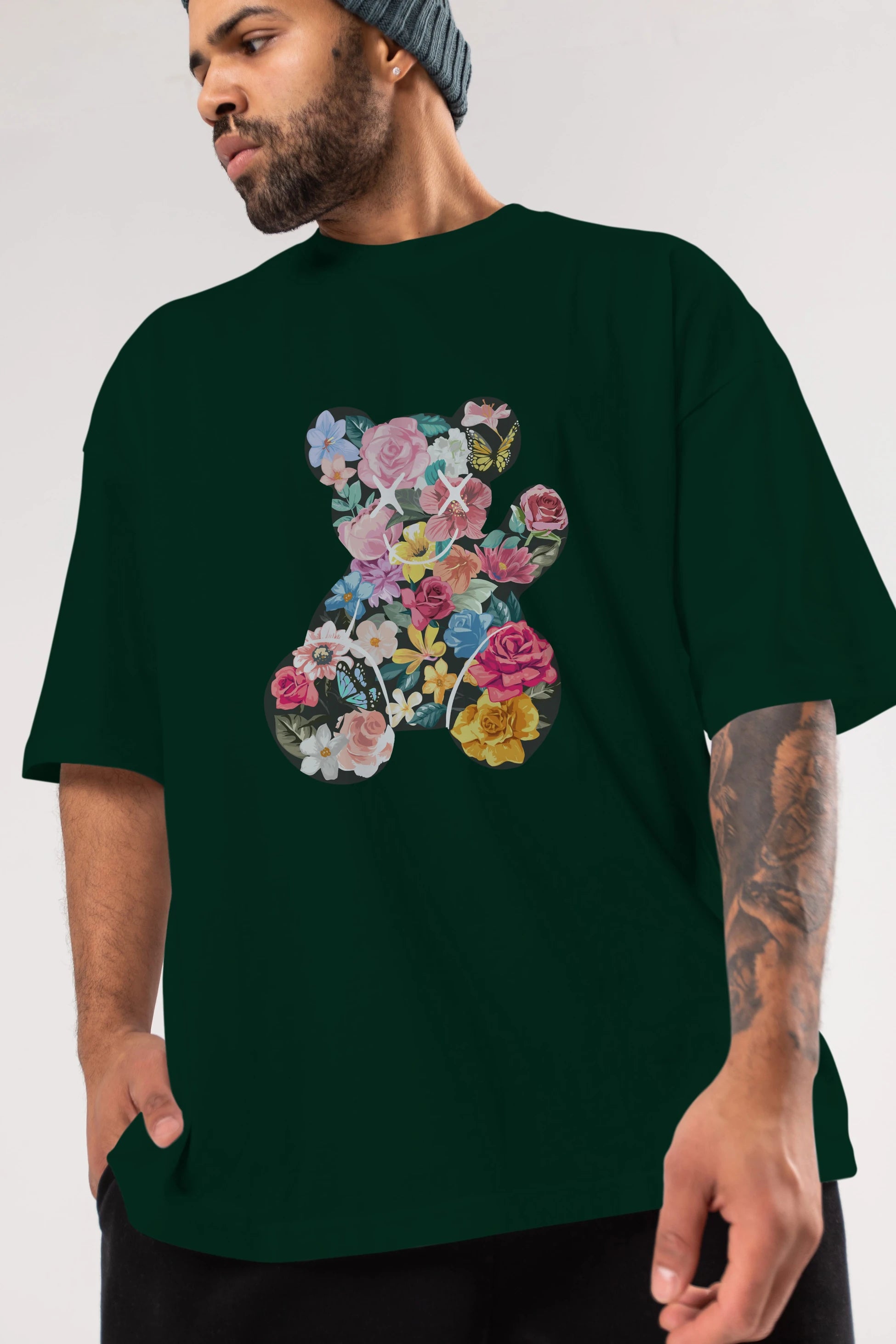 Flowers Bear Ön Baskılı Oversize t-shirt Erkek Kadın Unisex