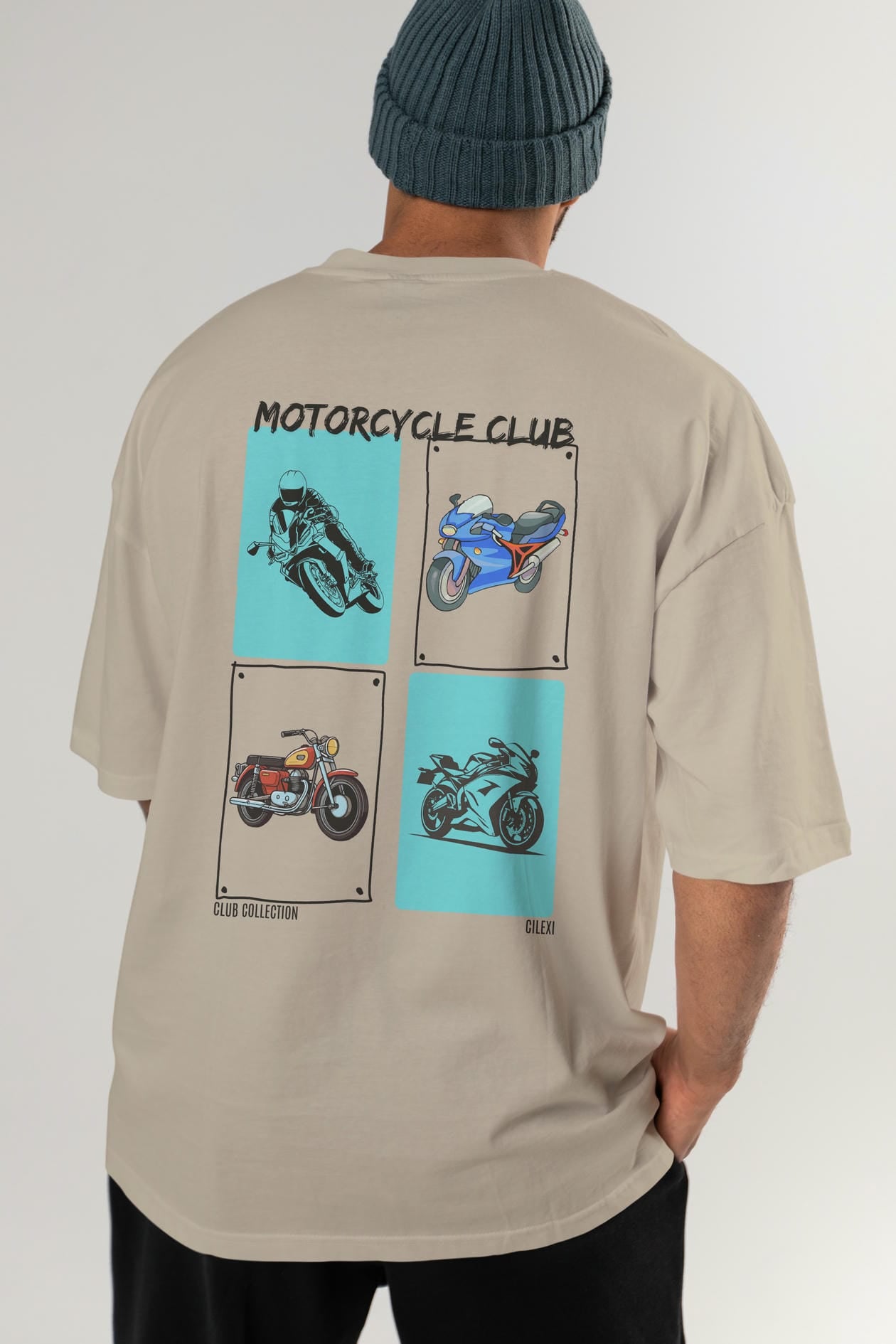 Motorcycle Club Arka Baskılı Oversize t-shirt Erkek Kadın %100 Pamuk Bisiklet Yaka tişort