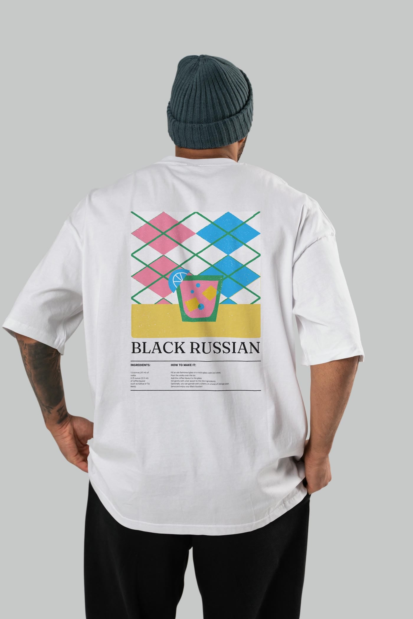 Black Russian Kokteyl Serisi Arka Baskılı Oversize t-shirt Erkek Kadın %100 Pamuk Bisiklet Yaka tişort