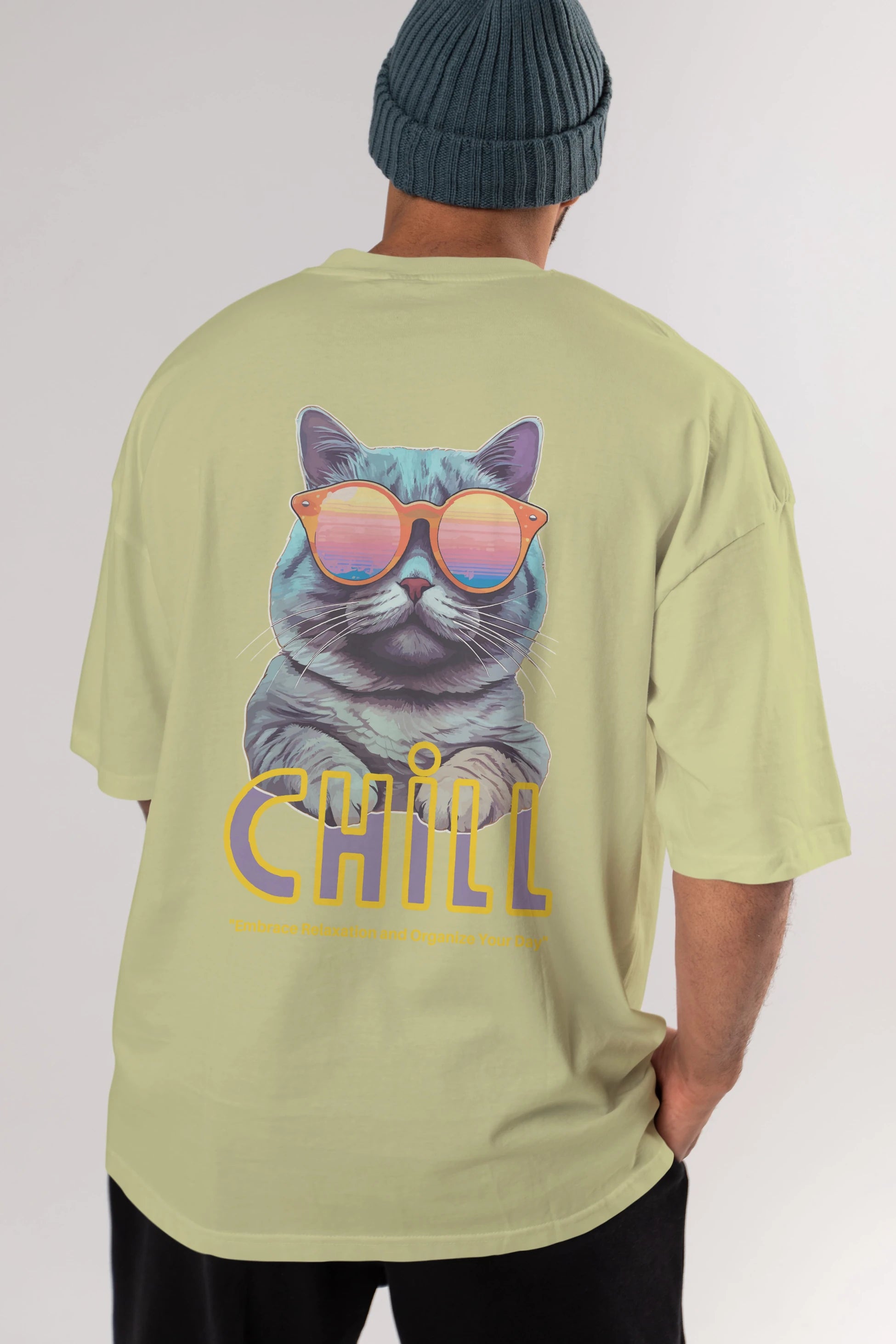 Chill Cat Arka Baskılı Oversize t-shirt Erkek Kadın Unisex