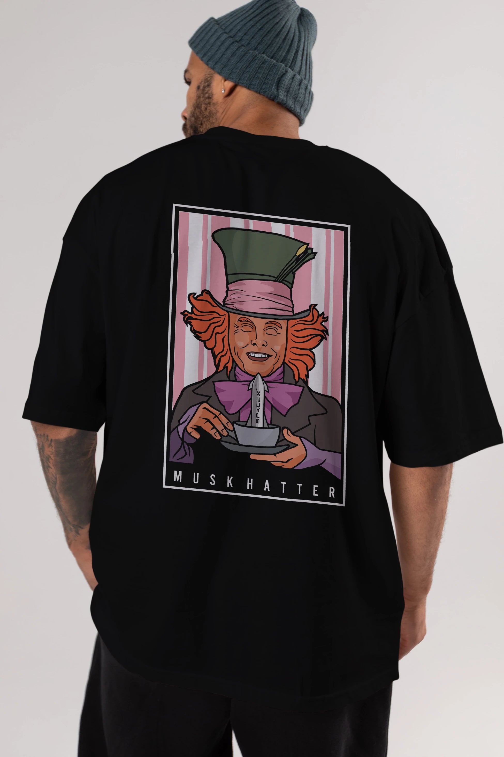 Mad Hatter Elon Musk Arka Baskılı Oversize t-shirt Erkek Kadın Unisex %100 Pamuk tişort