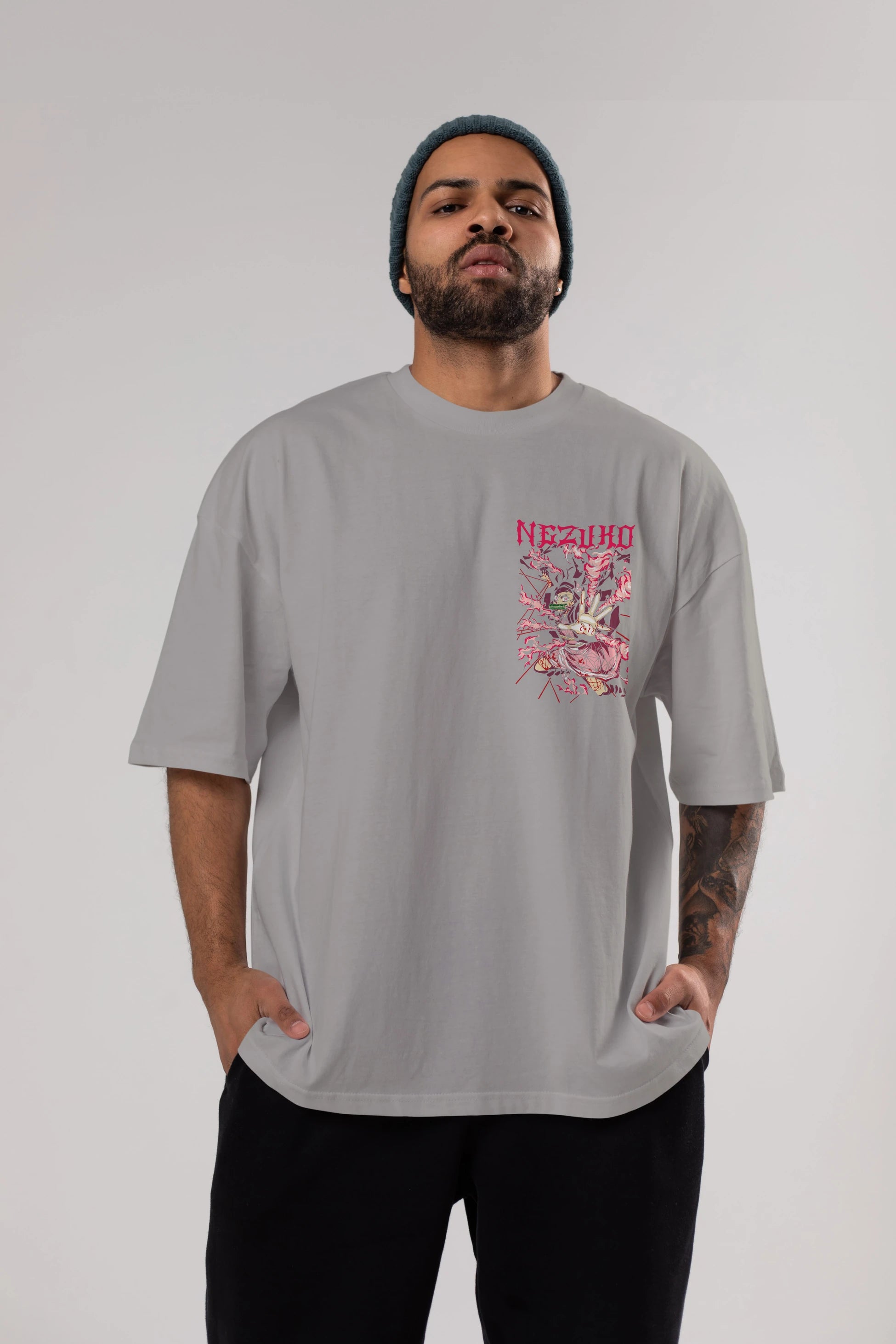 NEZUKO KAMADO Ön Sol Baskılı Oversize t-shirt Erkek Kadın Unisex %100 Pamuk Bisiklet Yaka tişort