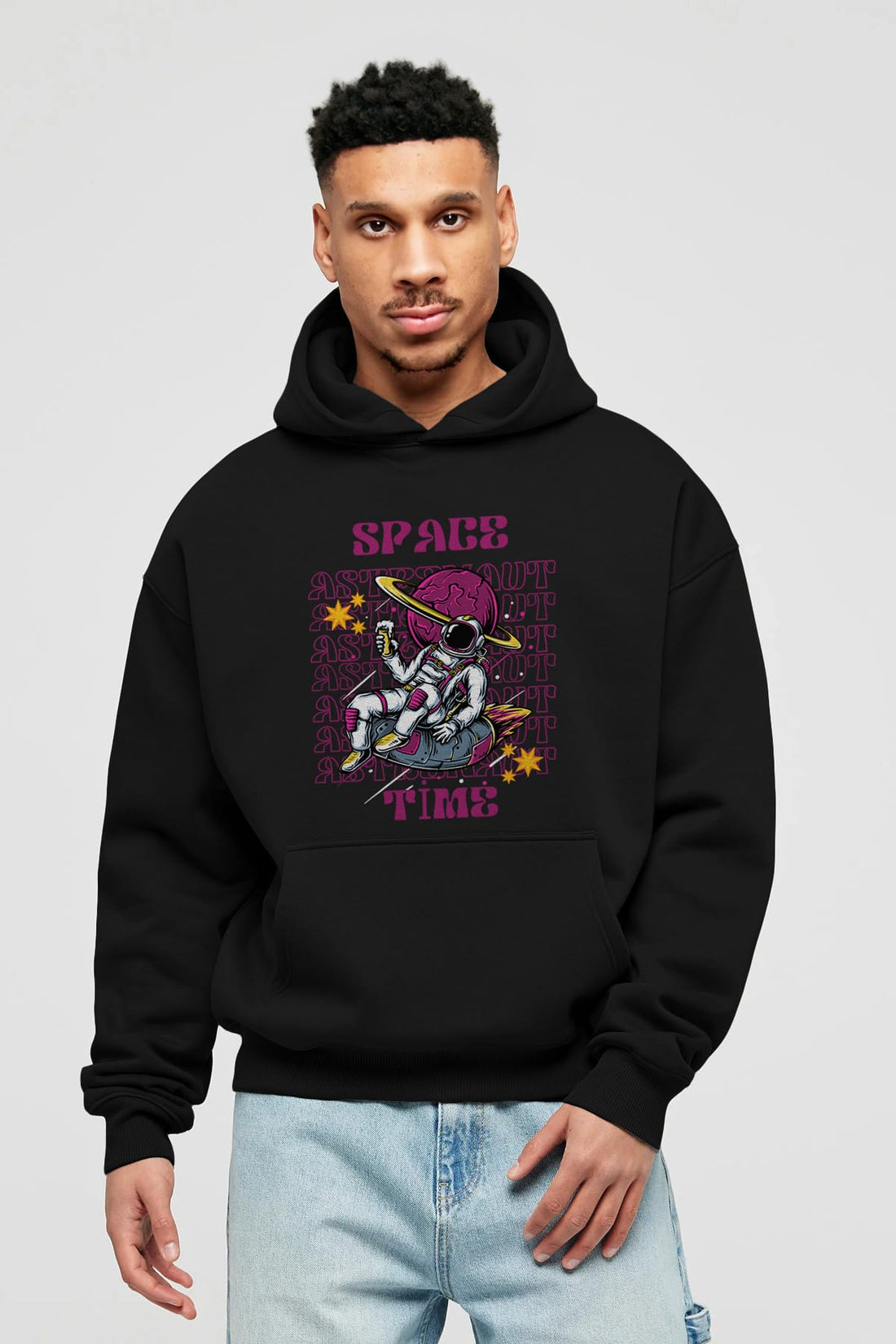 Space Time Astronaut Yazılı Ön Baskılı Oversize Hoodie Kapüşonlu Sweatshirt Erkek Kadın Unisex