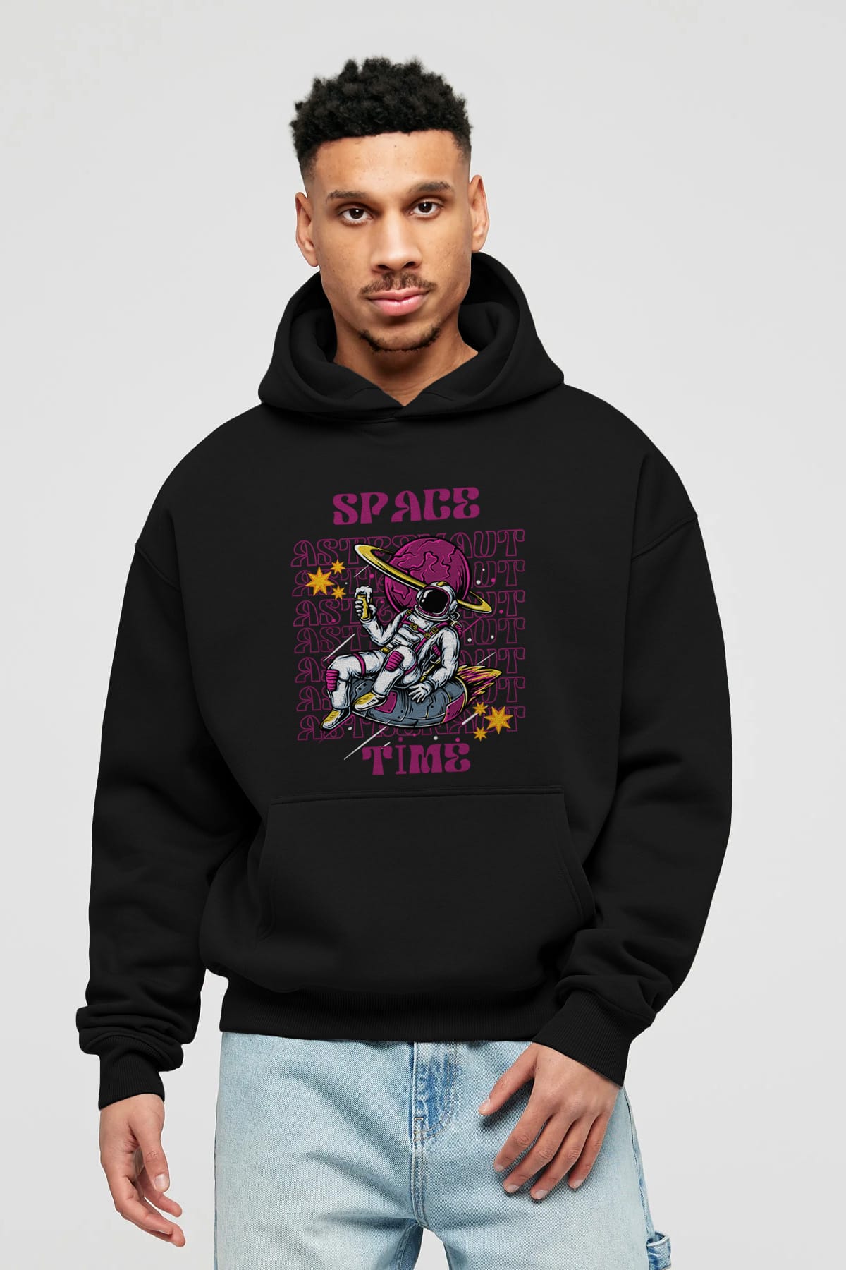 Space Time Astronaut Yazılı Ön Baskılı Oversize Hoodie Kapüşonlu Sweatshirt Erkek Kadın Unisex