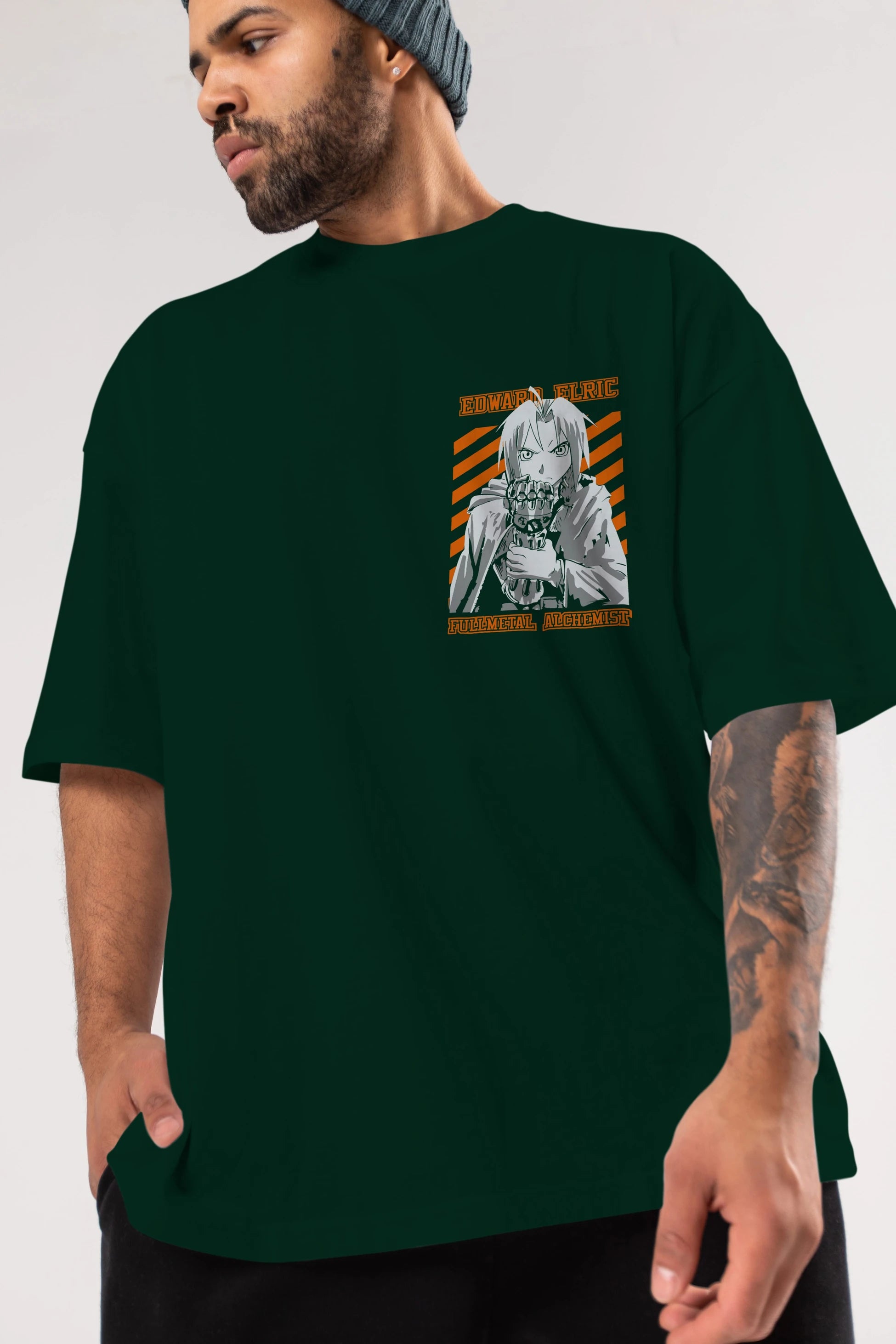 EDWARD ELRIC Ön Sol Baskılı Oversize t-shirt Erkek Kadın Unisex %100 Pamuk Bisiklet Yaka tişort