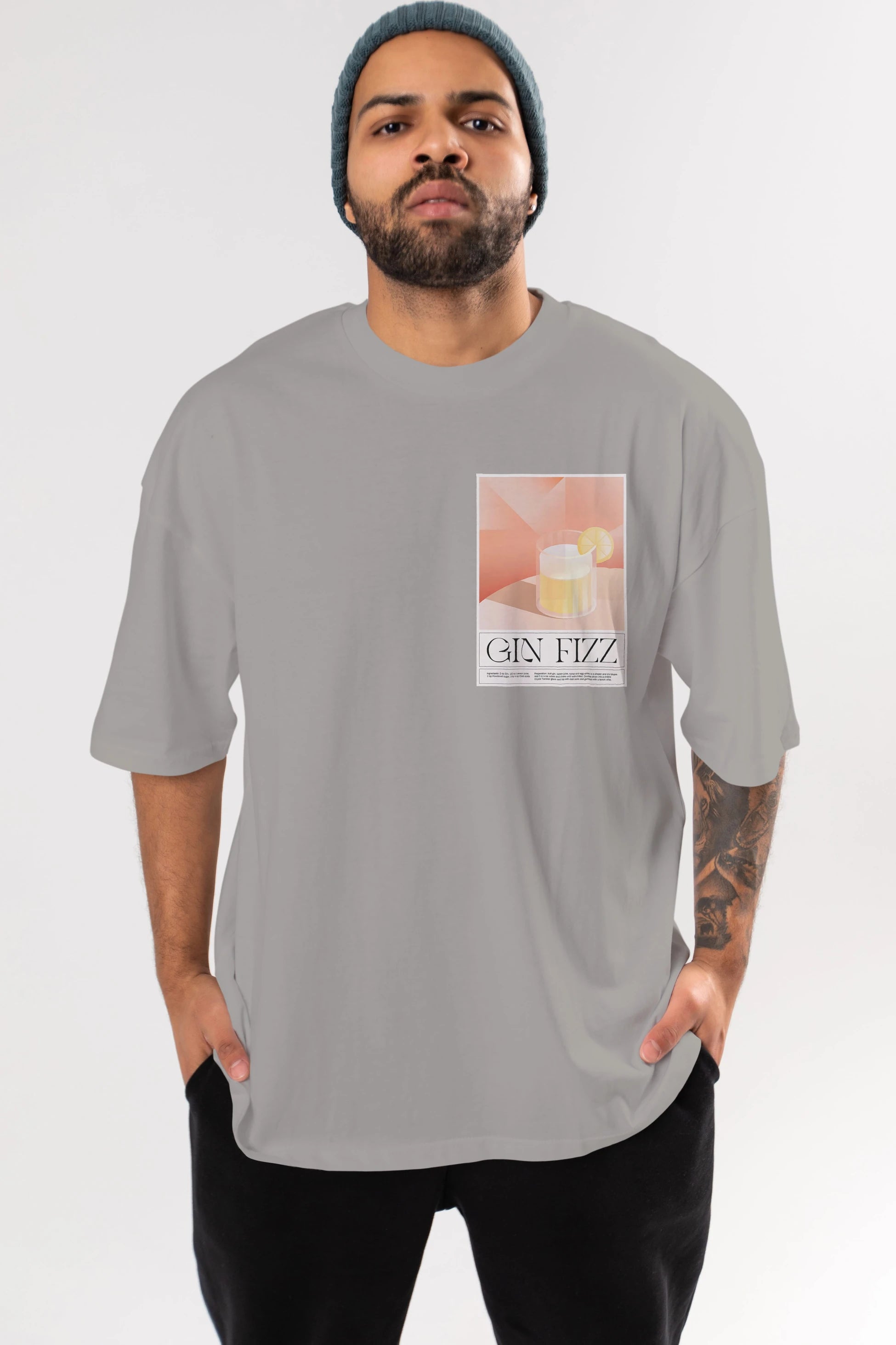 Gin Fizz Ön Sol Baskılı Oversize t-shirt Erkek Kadın Unisex %100 Pamuk Bisiklet Yaka tişort