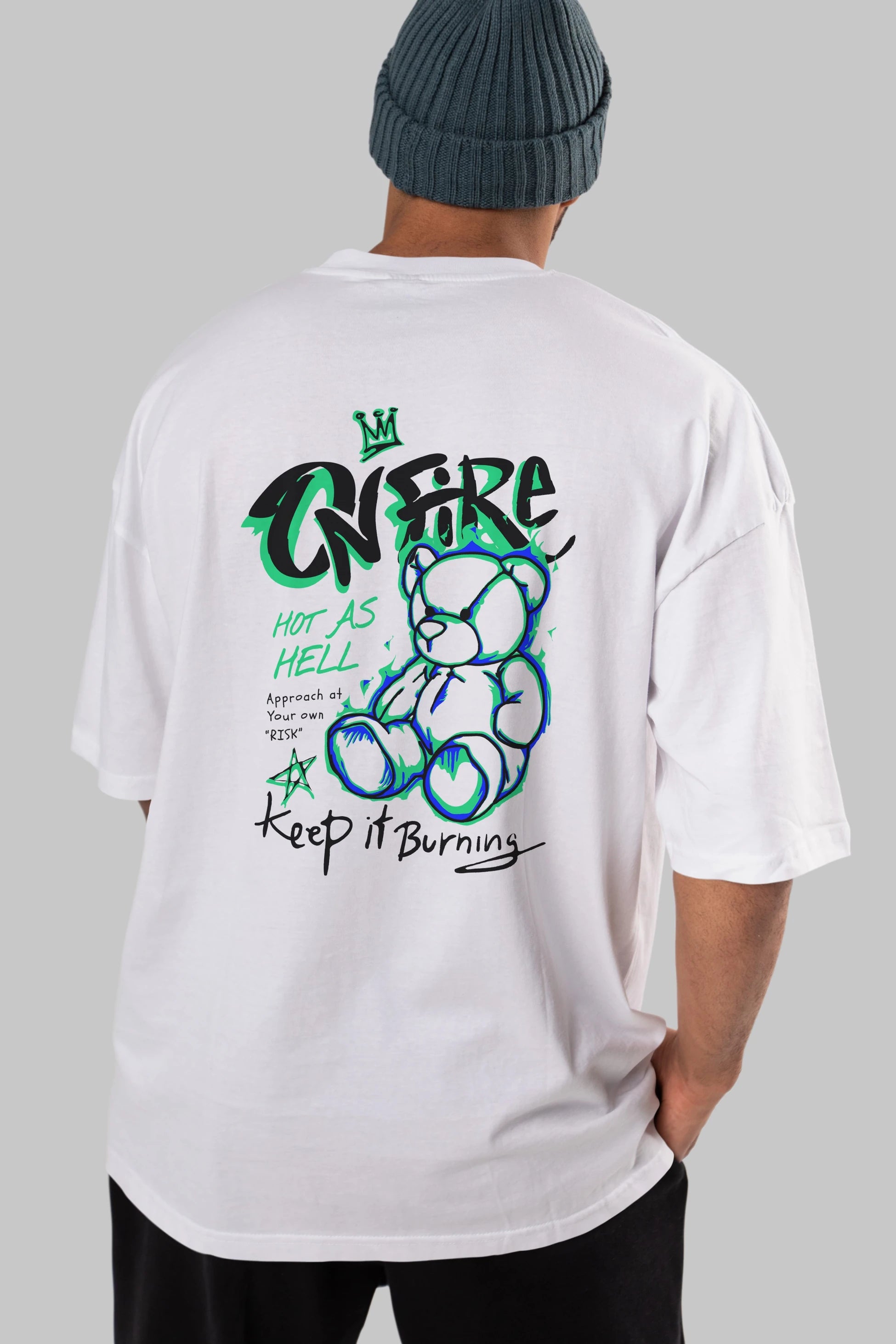 On Fire Bear Arka Baskılı Oversize t-shirt Erkek Kadın Unisex