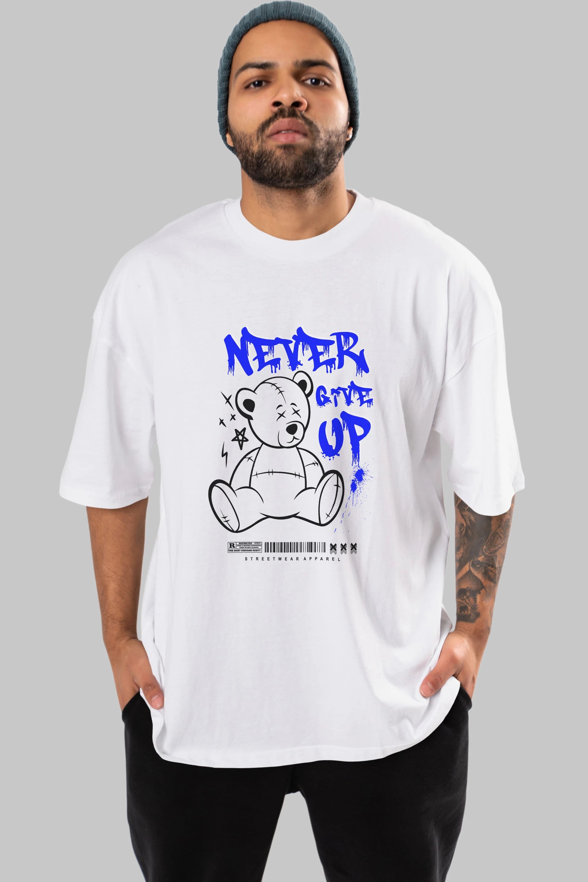 Teddy Bear Never Give Up Ön Baskılı Oversize t-shirt Erkek Kadın Unisex