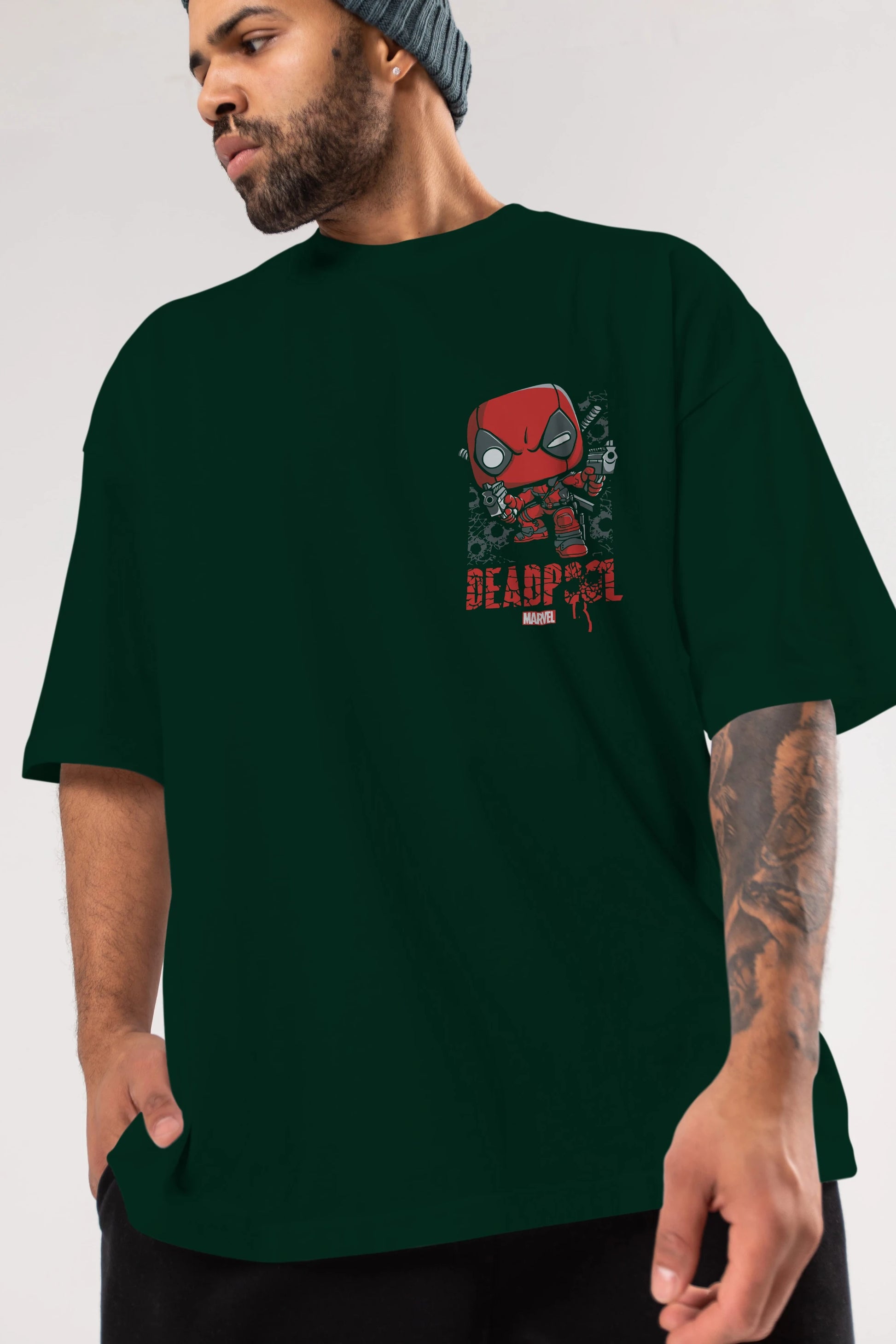 Deadpool (8) Ön Sol Baskılı Oversize t-shirt Erkek Kadın Unisex %100 Pamuk Bisiklet Yaka tişort