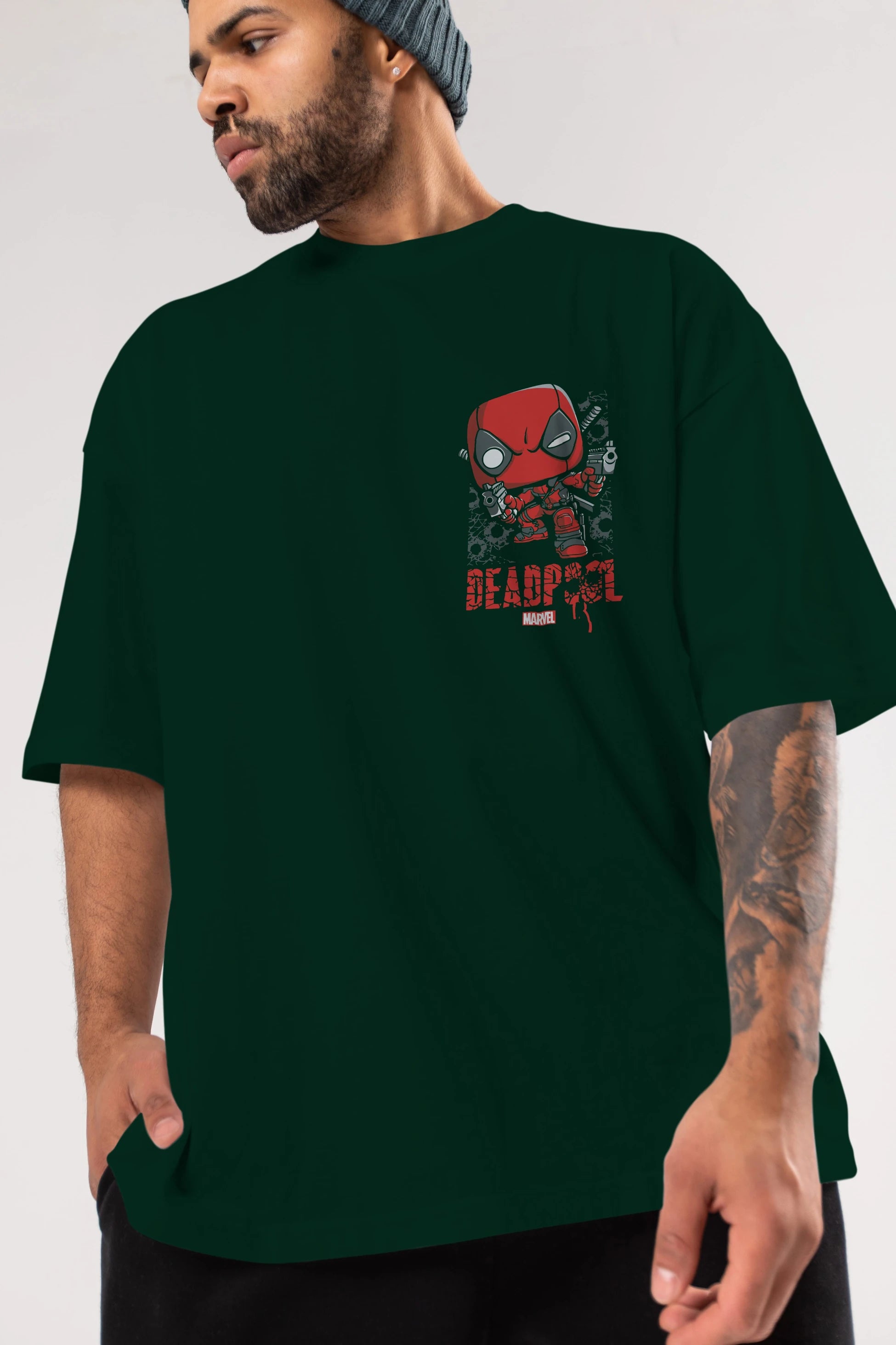 Deadpool (8) Ön Sol Baskılı Oversize t-shirt Erkek Kadın Unisex %100 Pamuk Bisiklet Yaka tişort