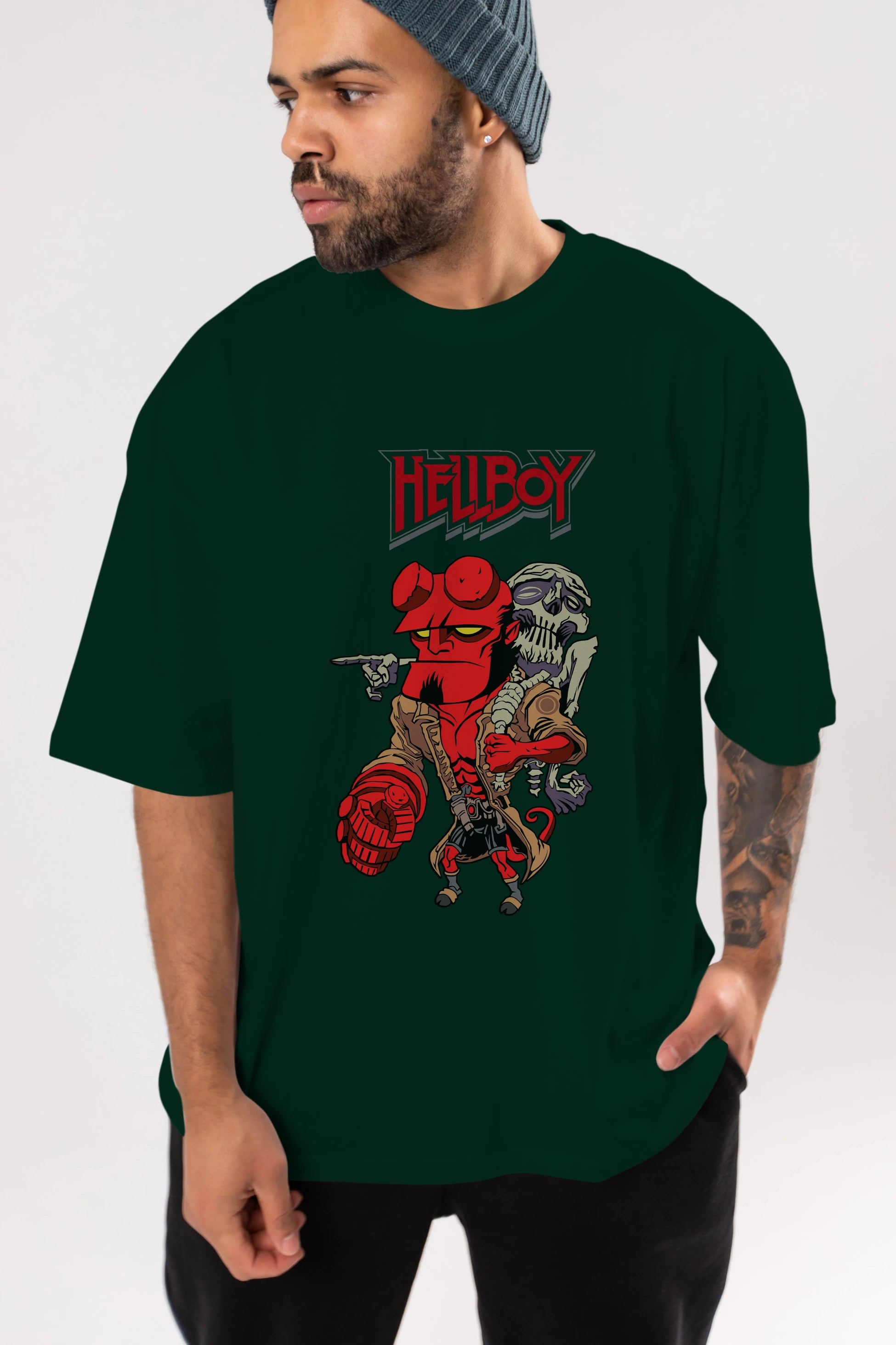 Hellboy (2) Ön Baskılı Oversize t-shirt Erkek Kadın Unisex %100 Pamuk Bisiklet Yaka tişort