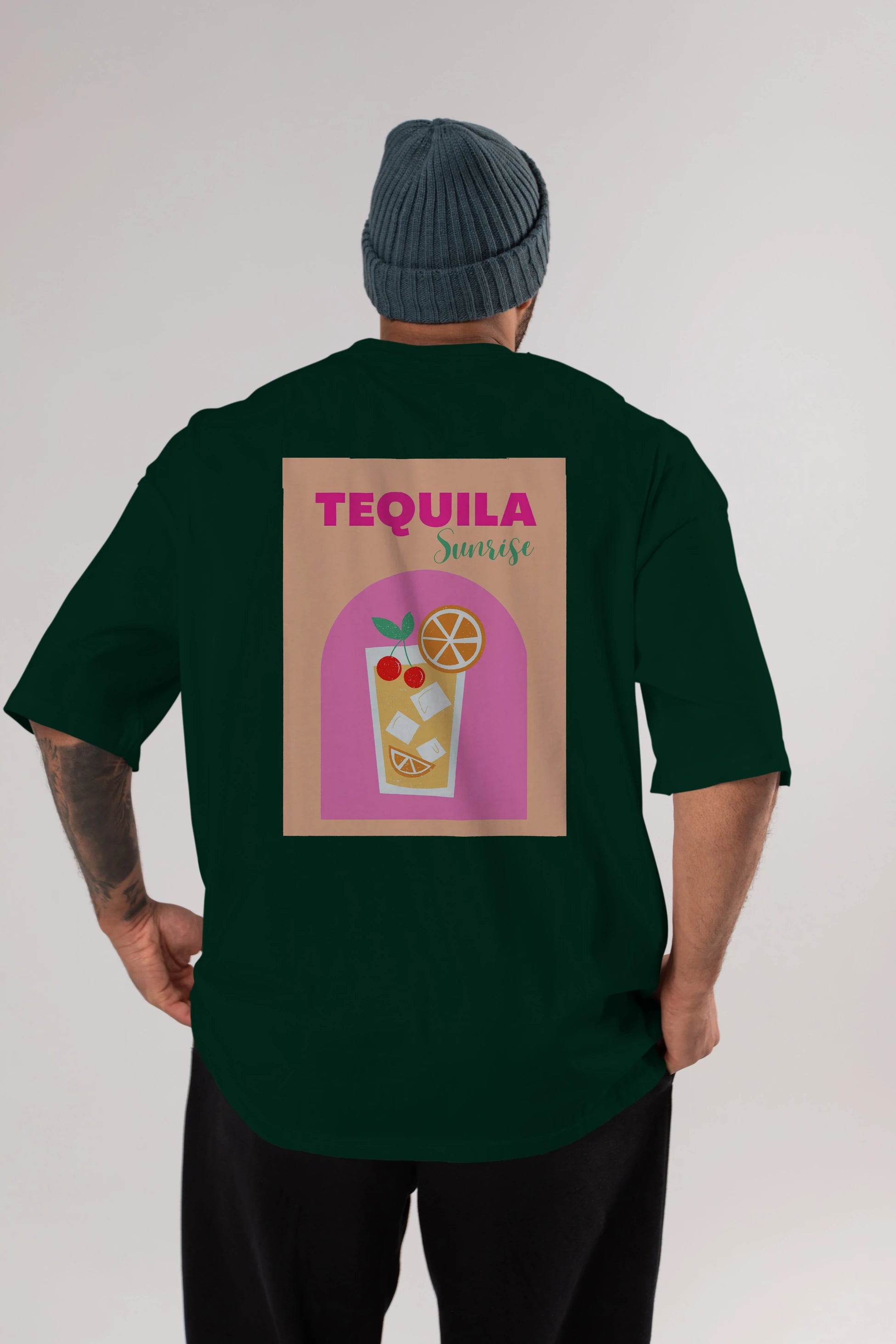 Tequila Sunrise 2 Arka Baskılı Oversize t-shirt Erkek Kadın Unisex %100 Pamuk Bisiklet Yaka tişort