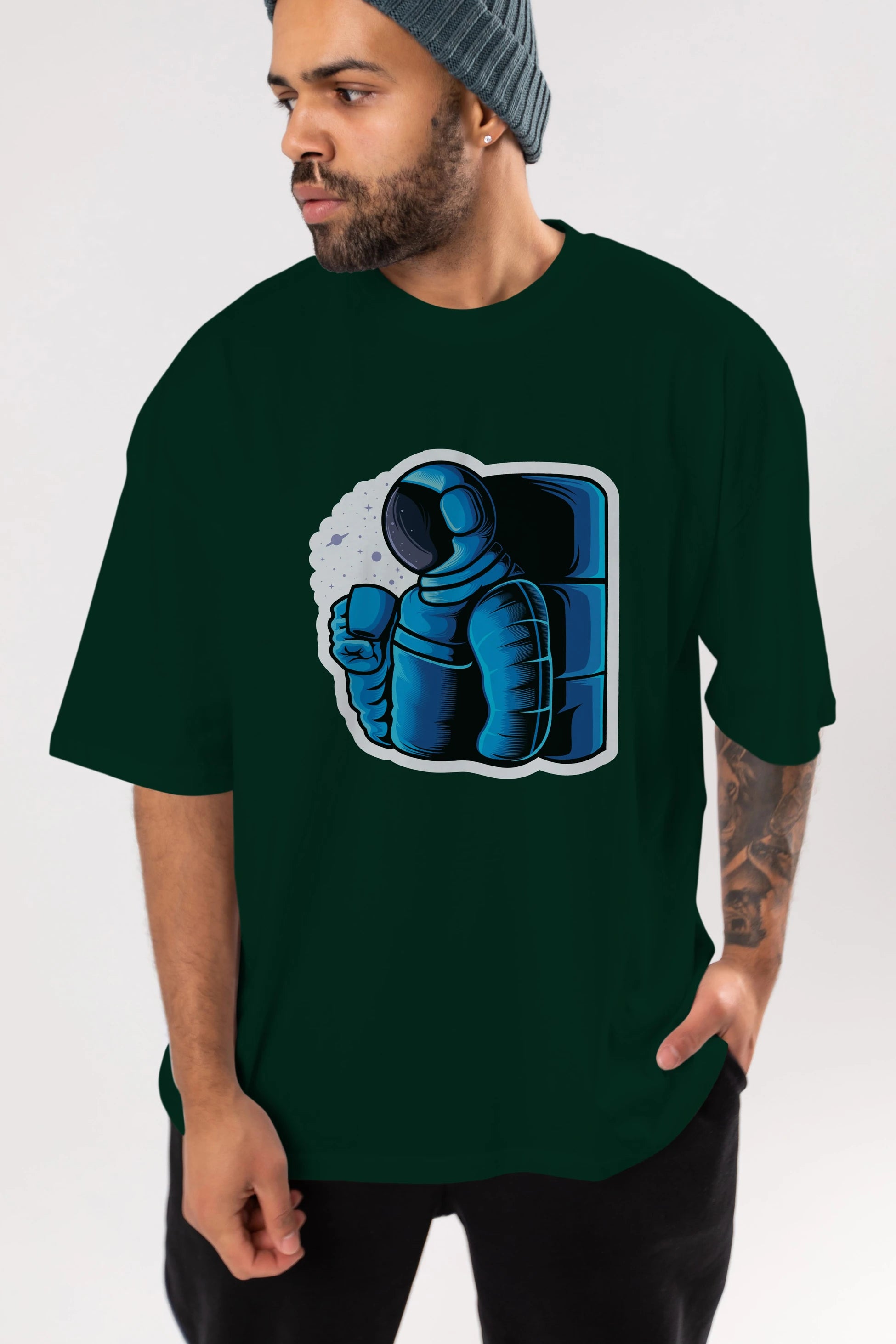 Drinking coffee in space sticker Ön Baskılı Oversize t-shirt Erkek Kadın Unisex