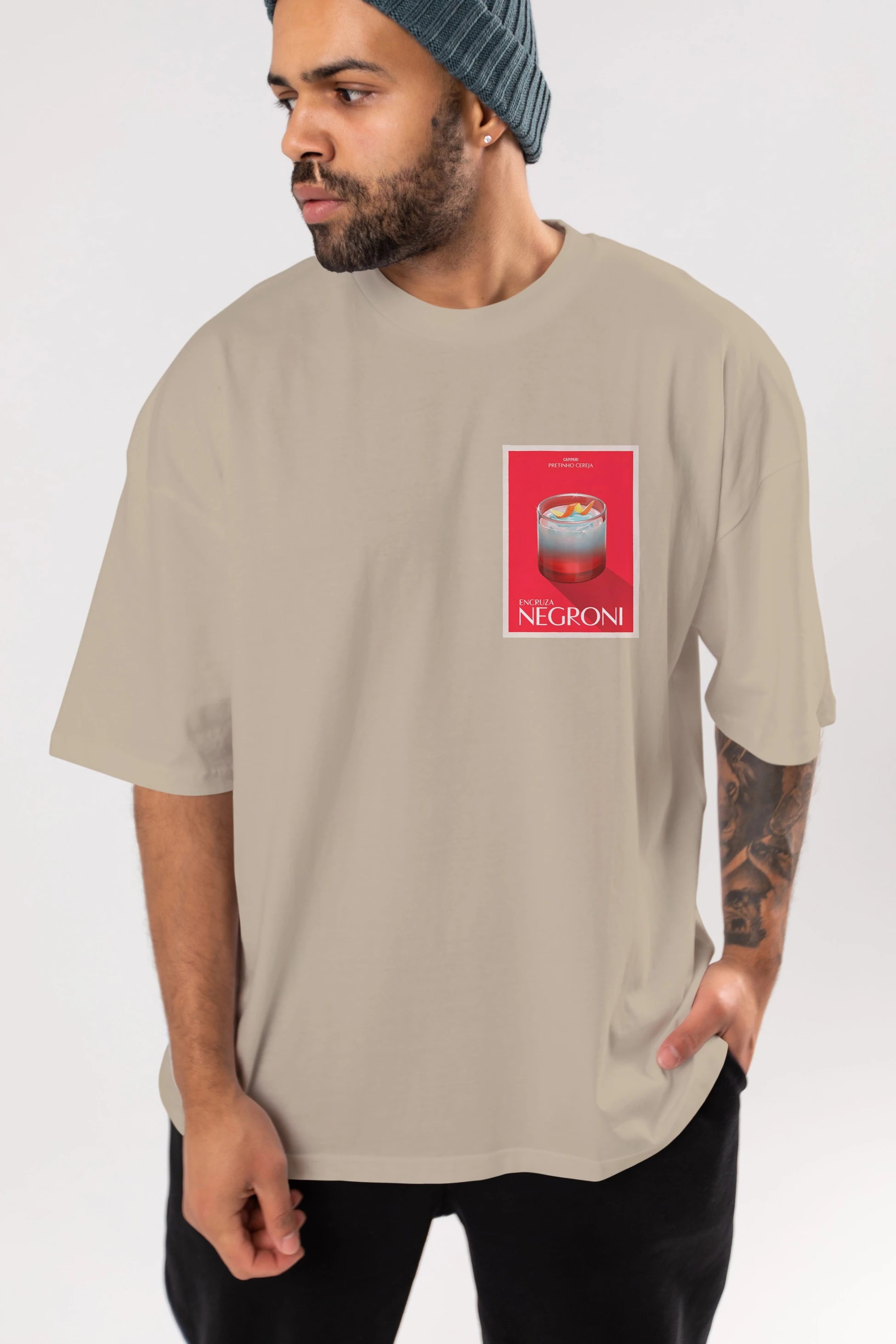 Encruza Negroni Ön Sol Baskılı Oversize t-shirt Erkek Kadın Unisex %100 Pamuk Bisiklet Yaka tişort