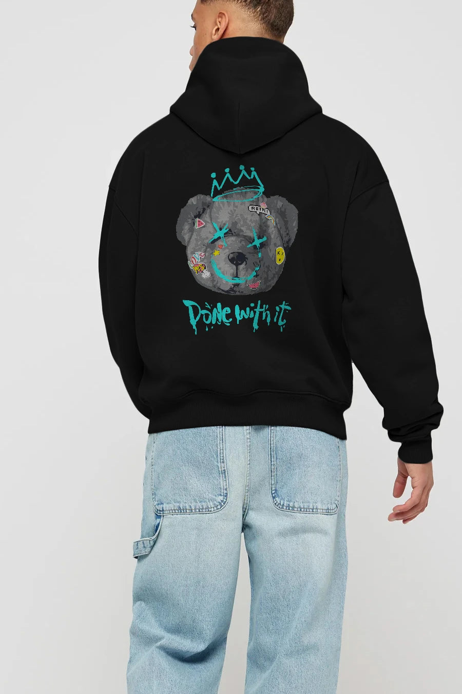 Done With it Bear Arka Baskılı Hoodie Oversize Kapüşonlu Sweatshirt Erkek Kadın Unisex