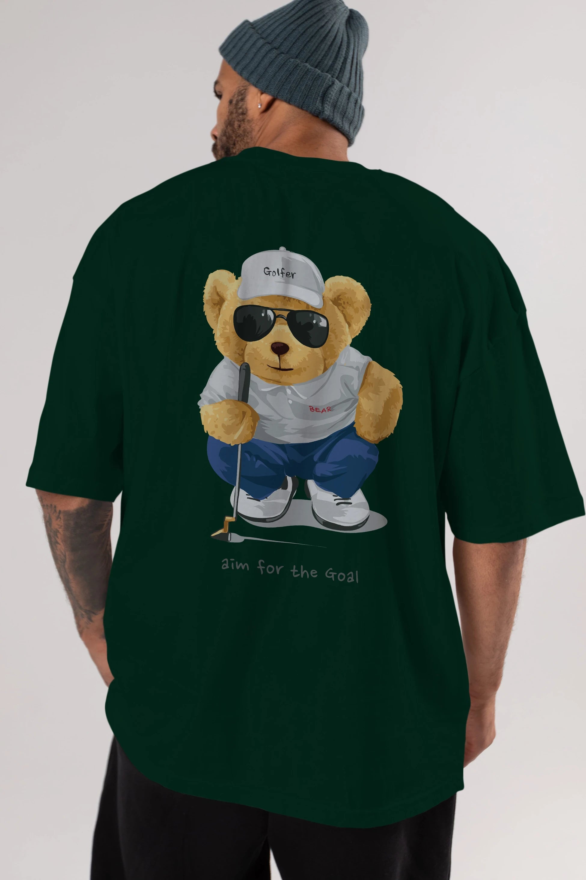 Teddy Bear Golfer Arka Baskılı Oversize t-shirt Erkek Kadın Unisex %100 Pamuk