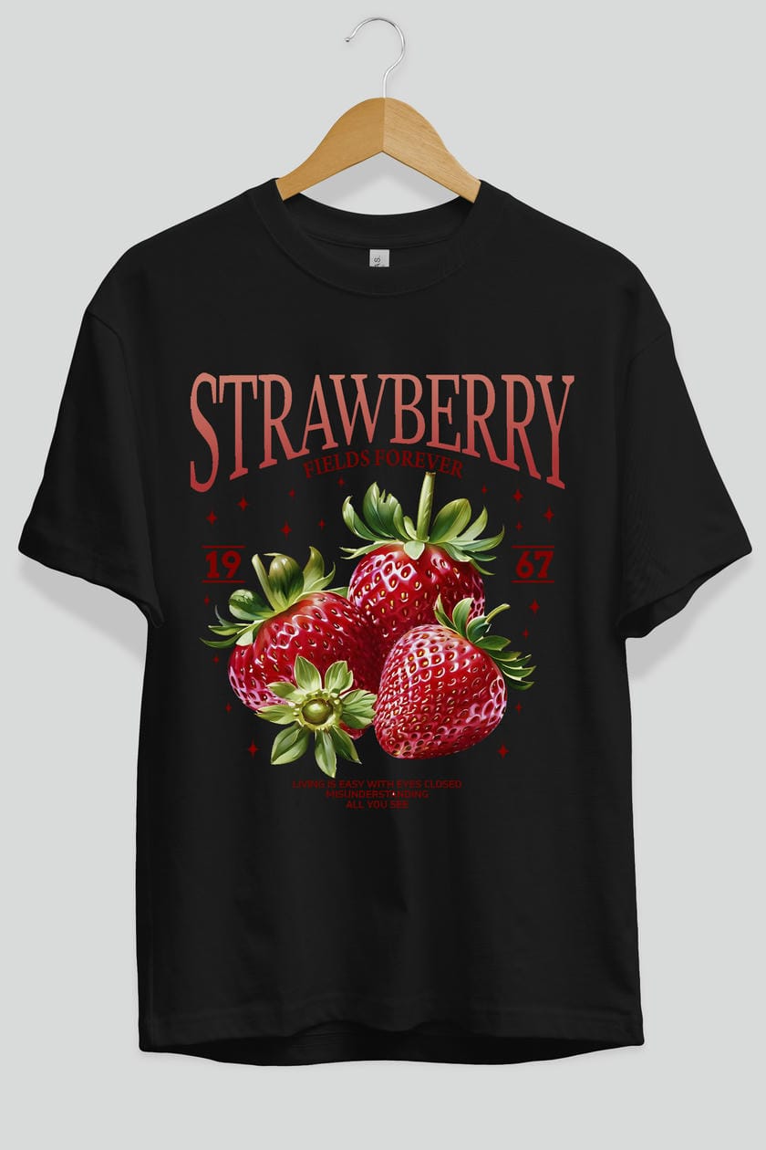 Strawberry Ön Baskılı Oversize t-shirt Erkek Kadın Pamuk Bisiklet Yaka tişort