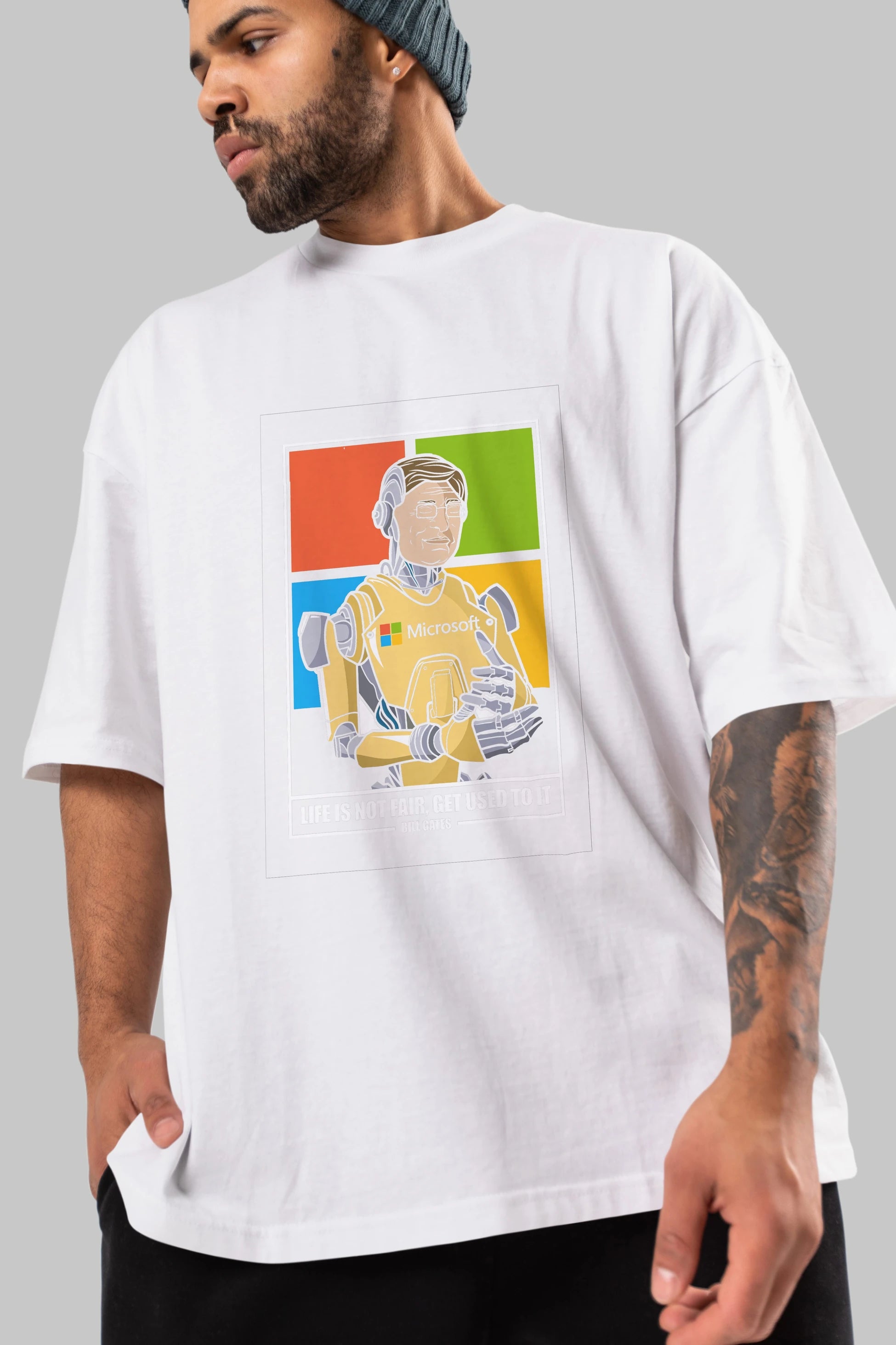 Bill Gates Robot Human Ön Baskılı Oversize t-shirt Erkek Kadın Unisex %100 Pamuk tişort