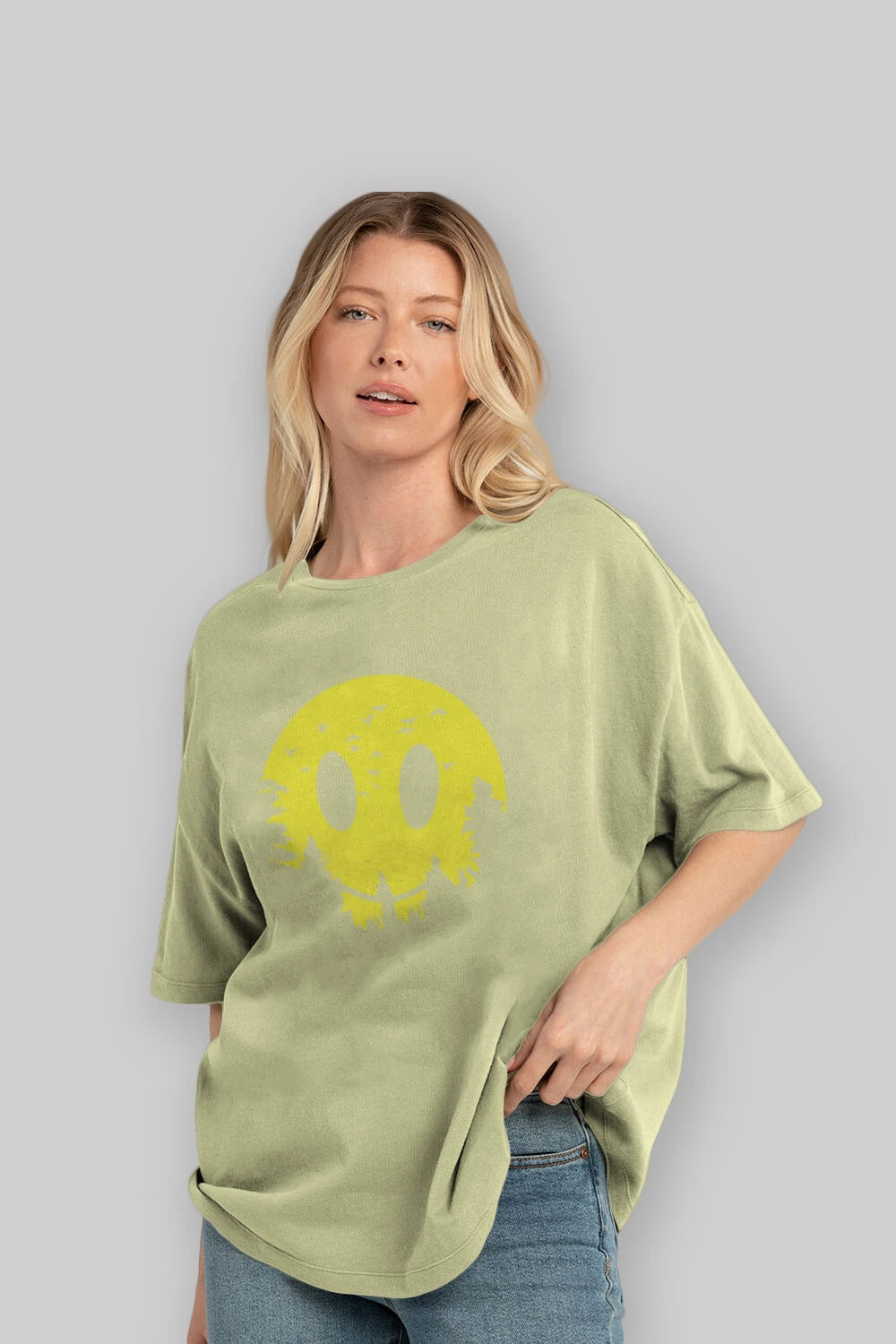 Smiley Moon Ön Baskılı Oversize t-shirt %100 pamuk Erkek Kadın Unisex