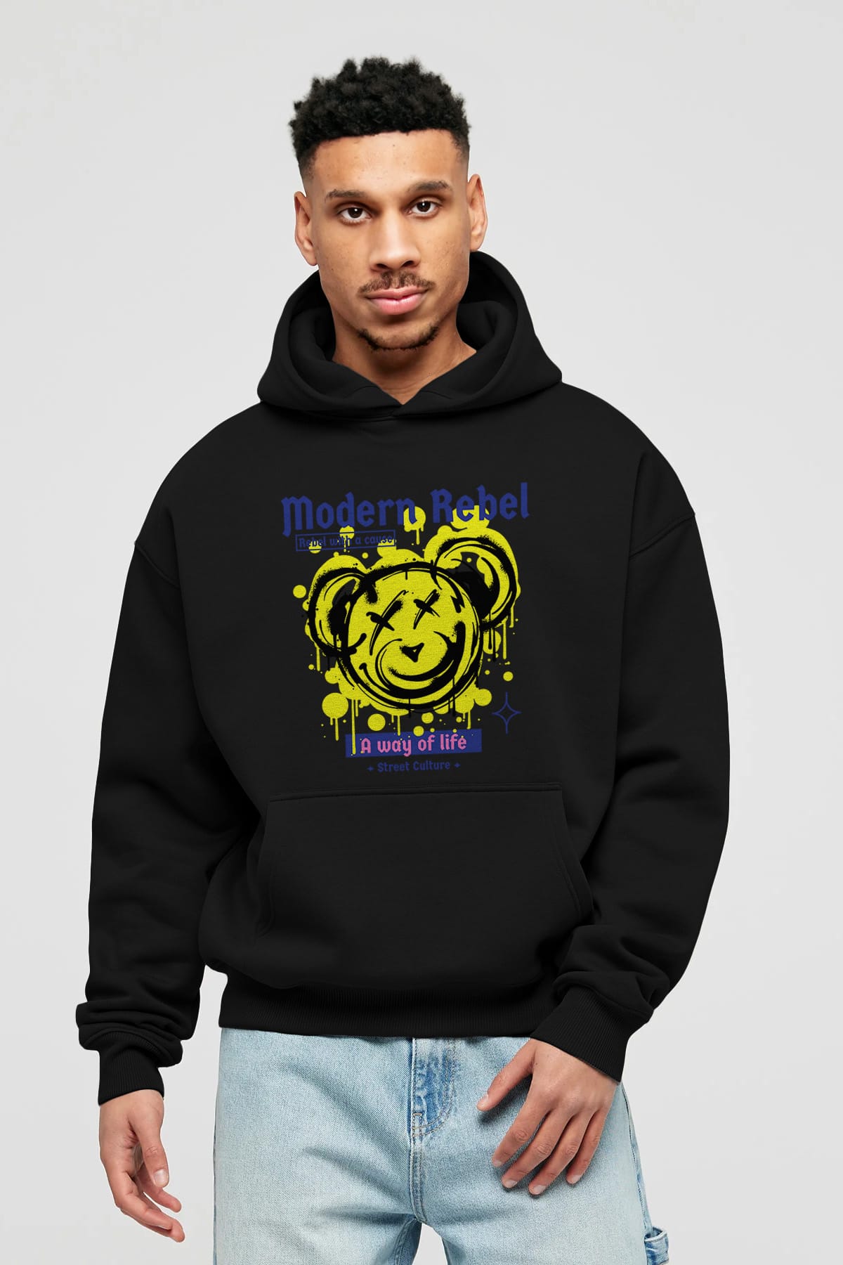 Modern Rebel Bear Ön Baskılı Hoodie Oversize Kapüşonlu Sweatshirt Erkek Kadın Unisex