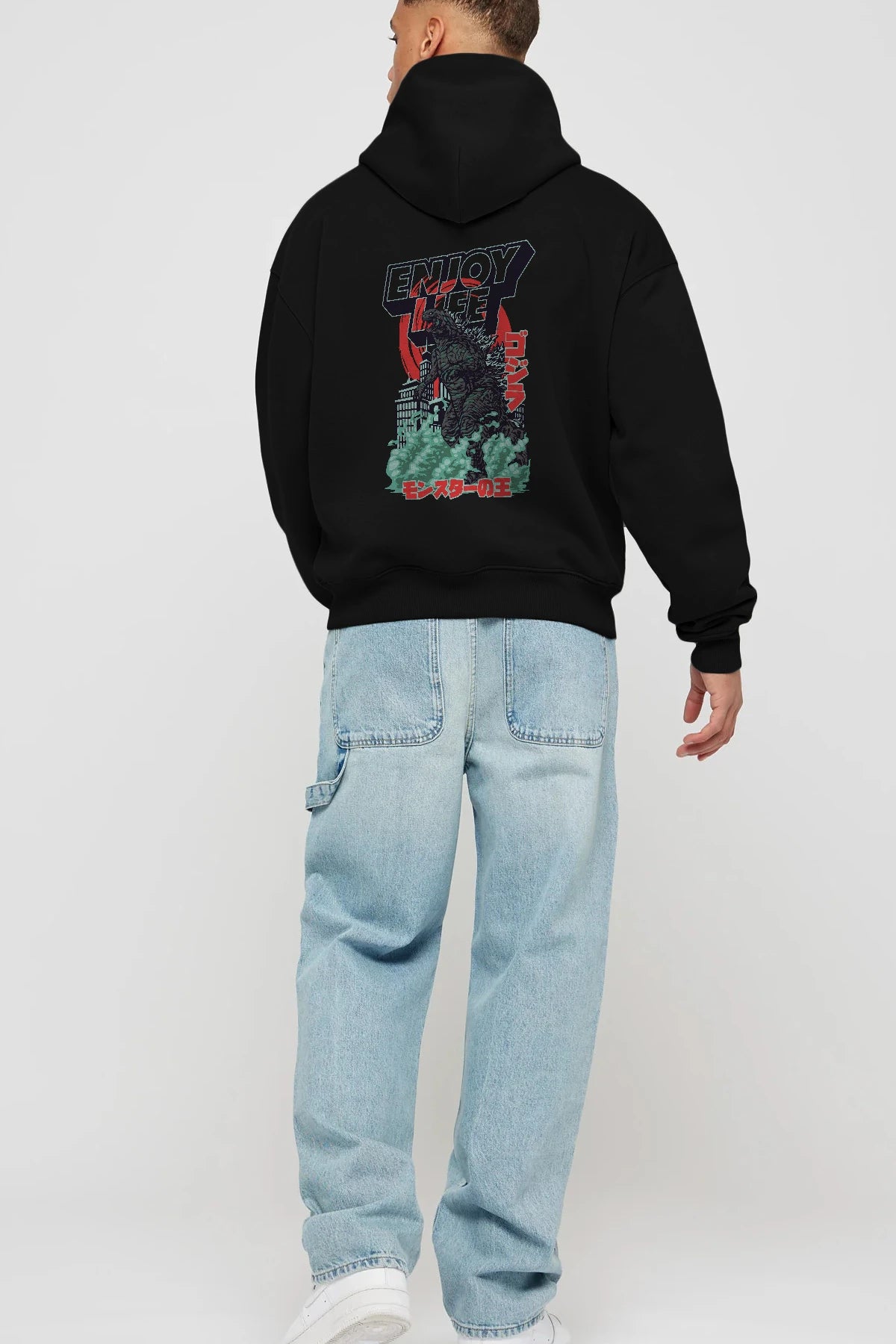 Godzilla Arka Baskılı Hoodie Oversize Kapüşonlu Sweatshirt Erkek Kadın Unisex