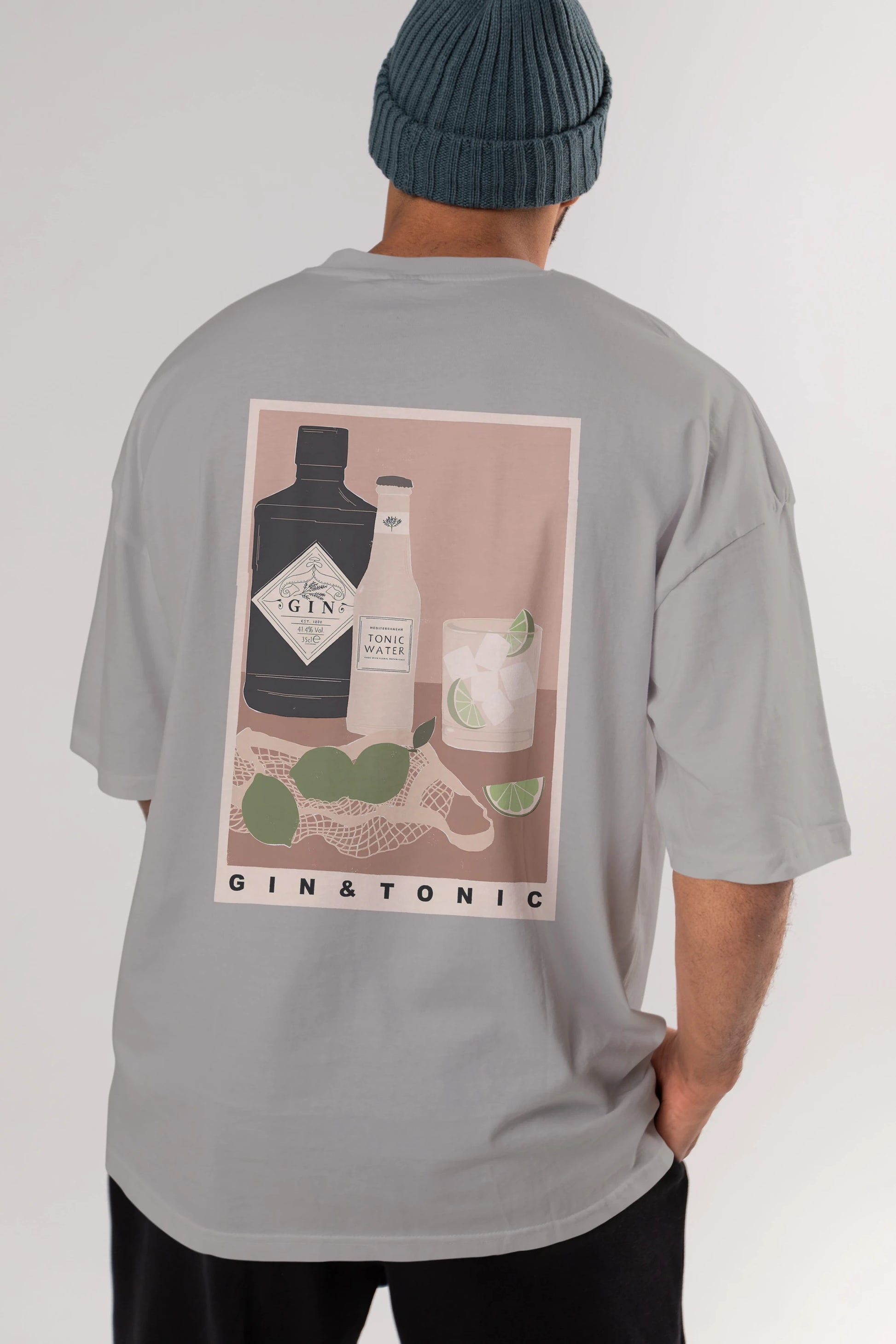Gin Tonic Arka Baskılı Oversize t-shirt Erkek Kadın Unisex %100 Pamuk Bisiklet Yaka tişort