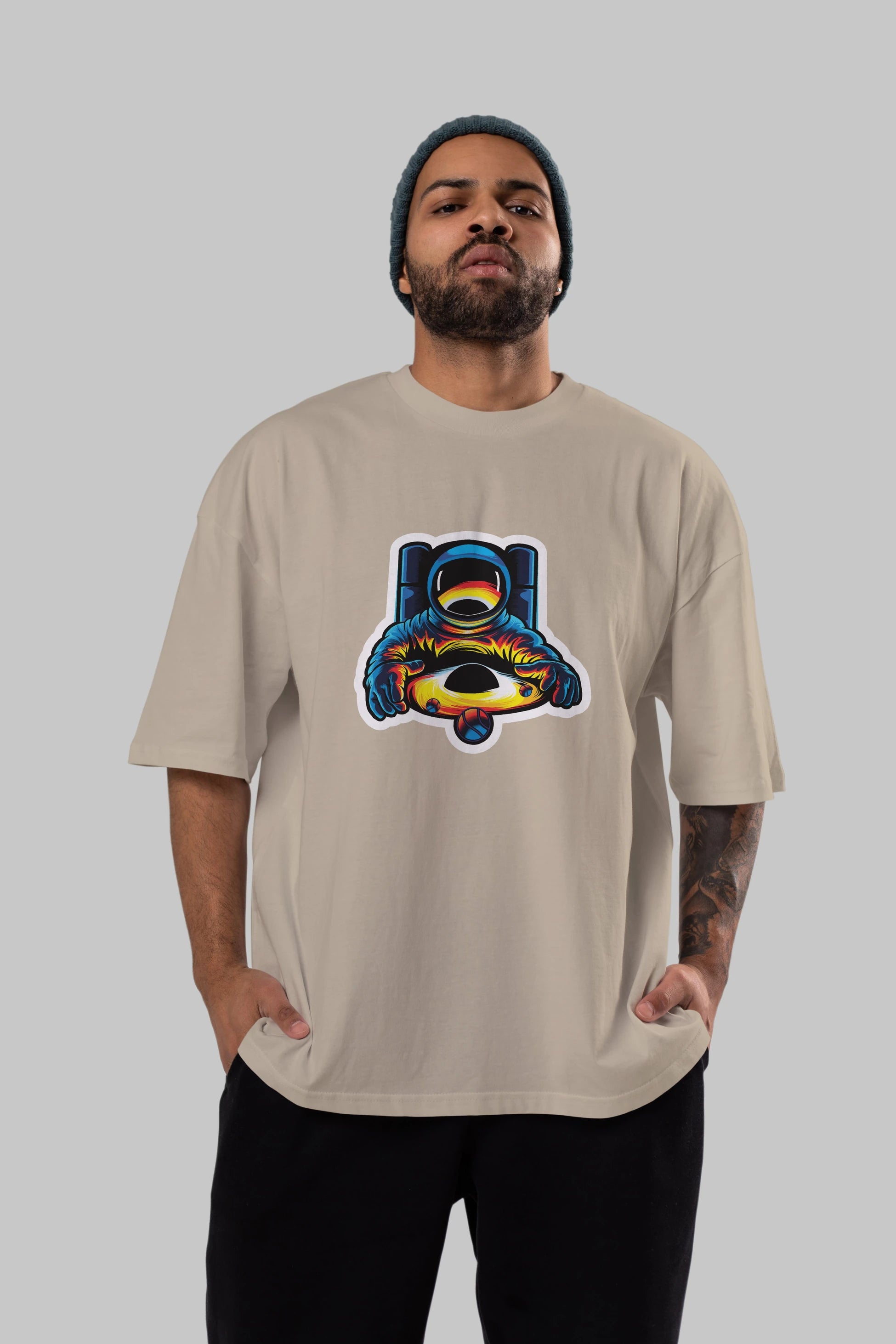 Astronaut & Black Hole Sticker Ön Baskılı Oversize t-shirt Erkek Kadın Unisex
