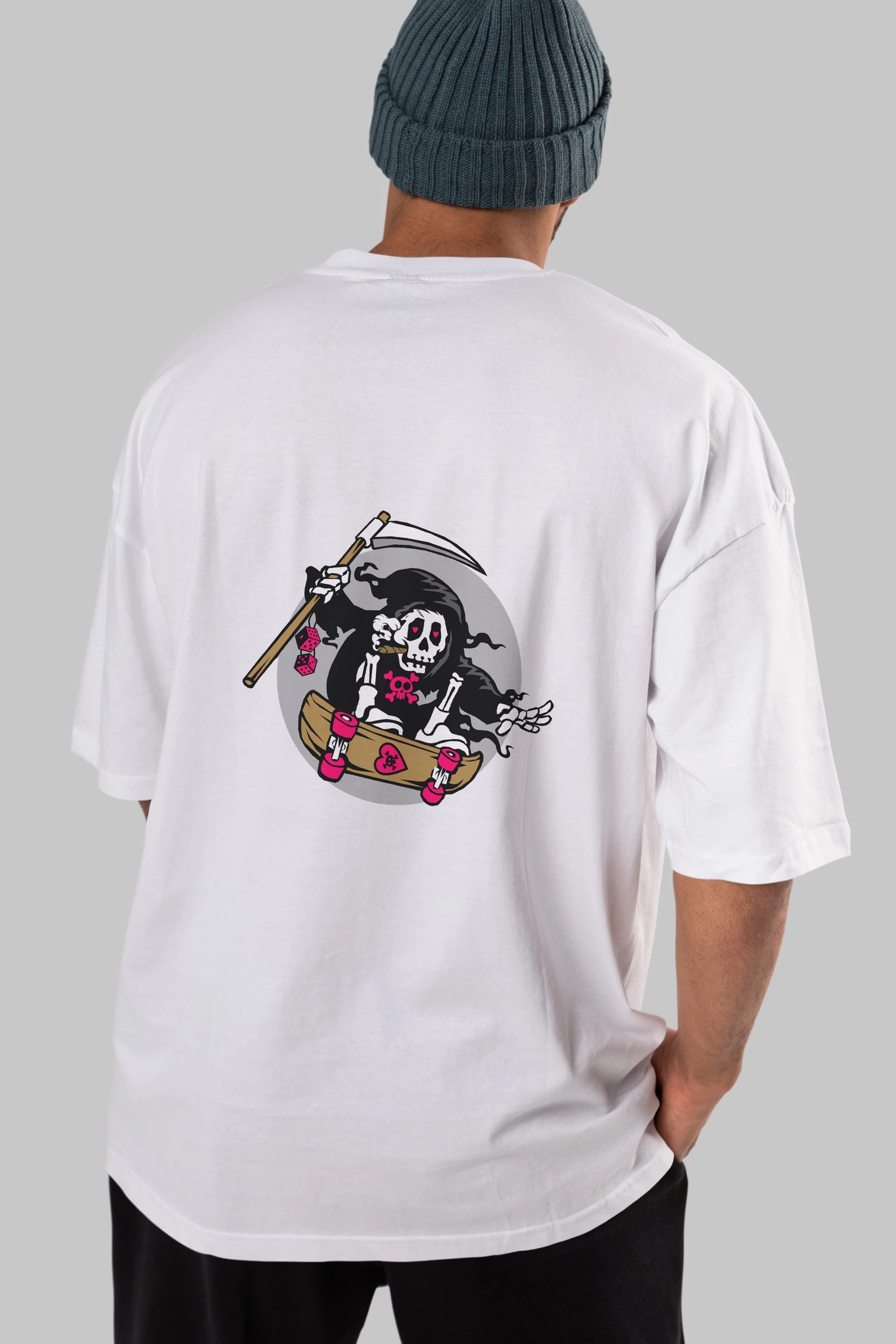 Grim Skater Arka Baskılı Oversize t-shirt Erkek Kadın Unisex %100 Pamuk tişort