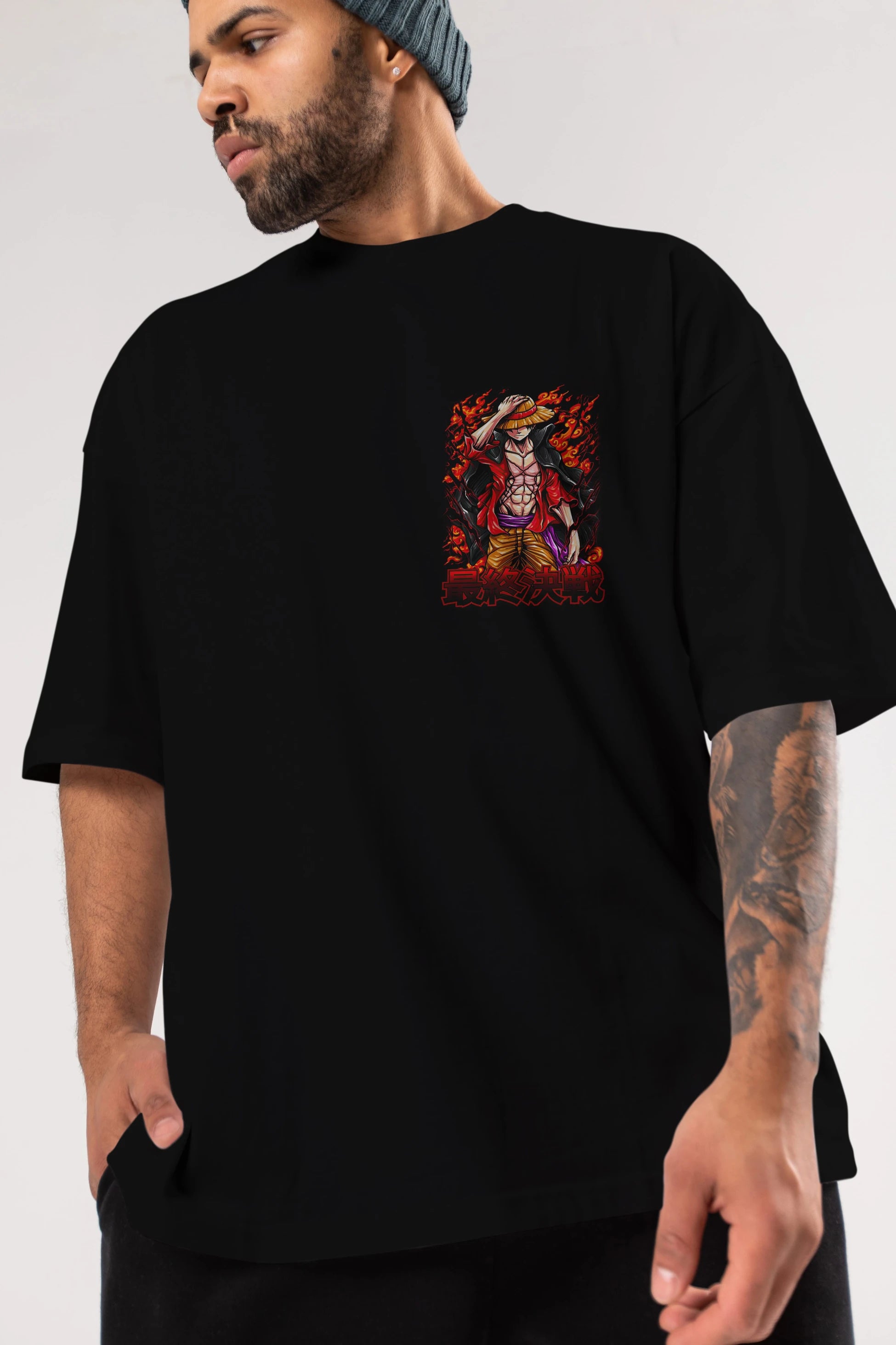 MONKEY D. LUFFY (3) Ön Sol Baskılı Oversize t-shirt Erkek Kadın Unisex %100 Pamuk Bisiklet Yaka tişort
