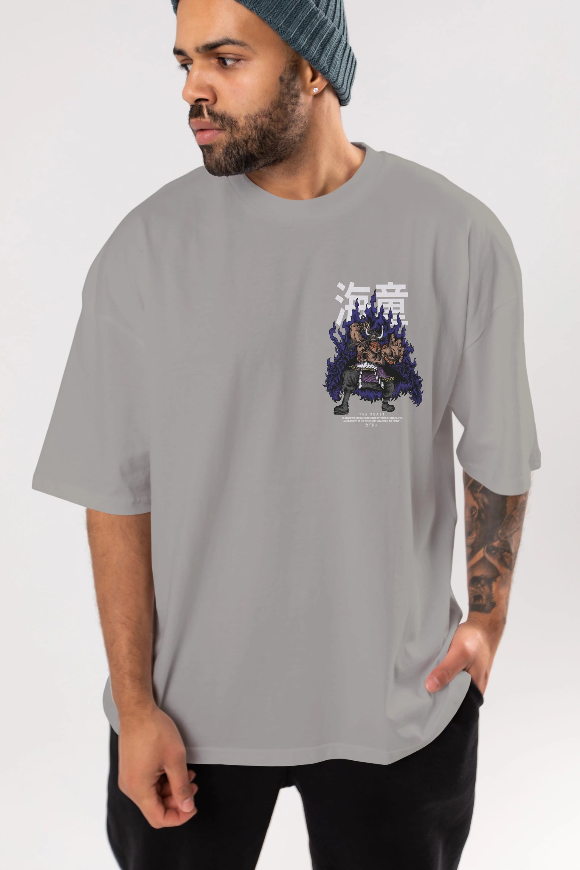 Kaido Ön Sol Baskılı Oversize t-shirt Erkek Kadın Unisex %100 Pamuk Bisiklet Yaka tişort