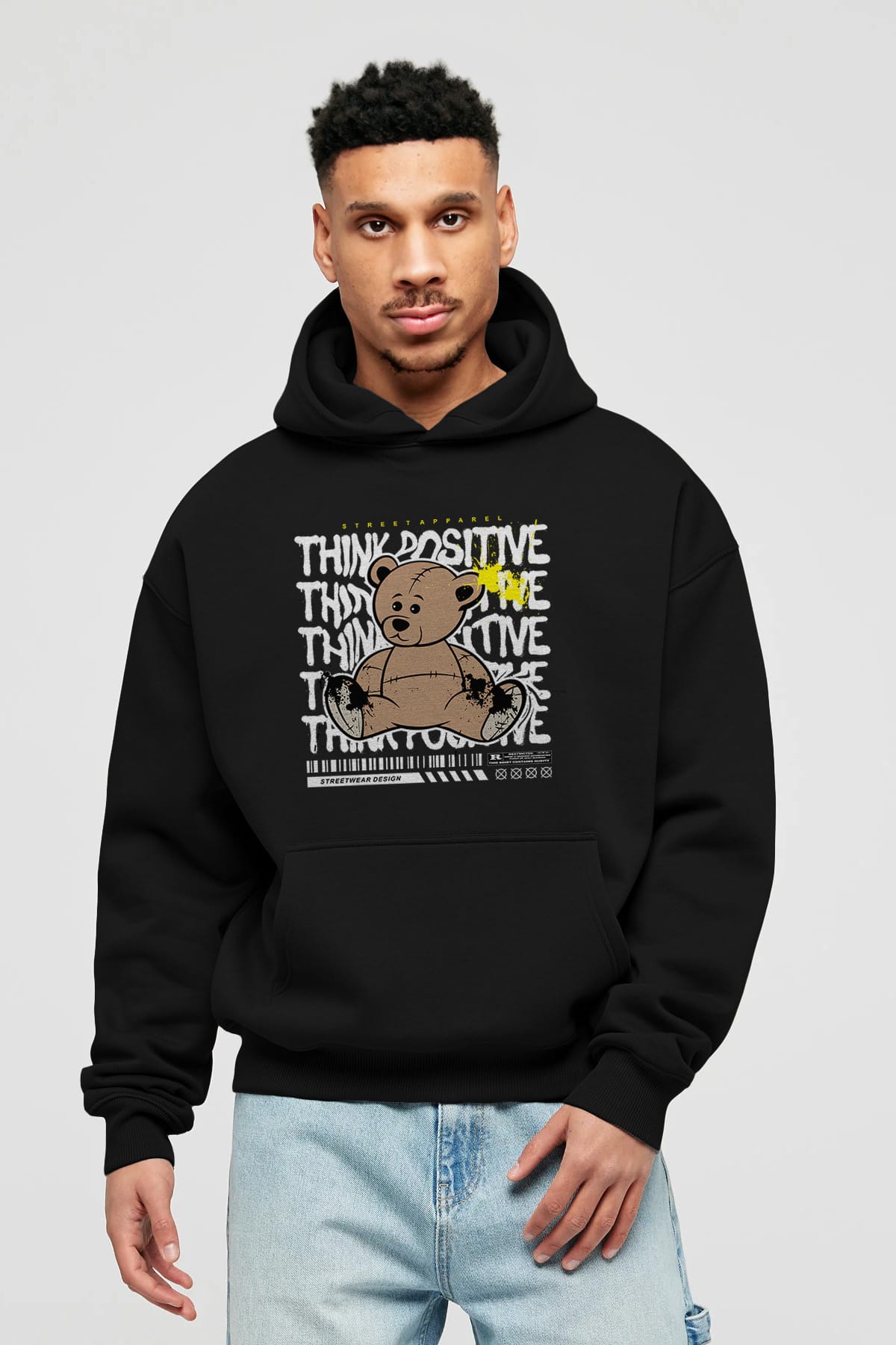 Teddy Bear Think Positive Ön Baskılı Hoodie Oversize Kapüşonlu Sweatshirt Erkek Kadın Unisex