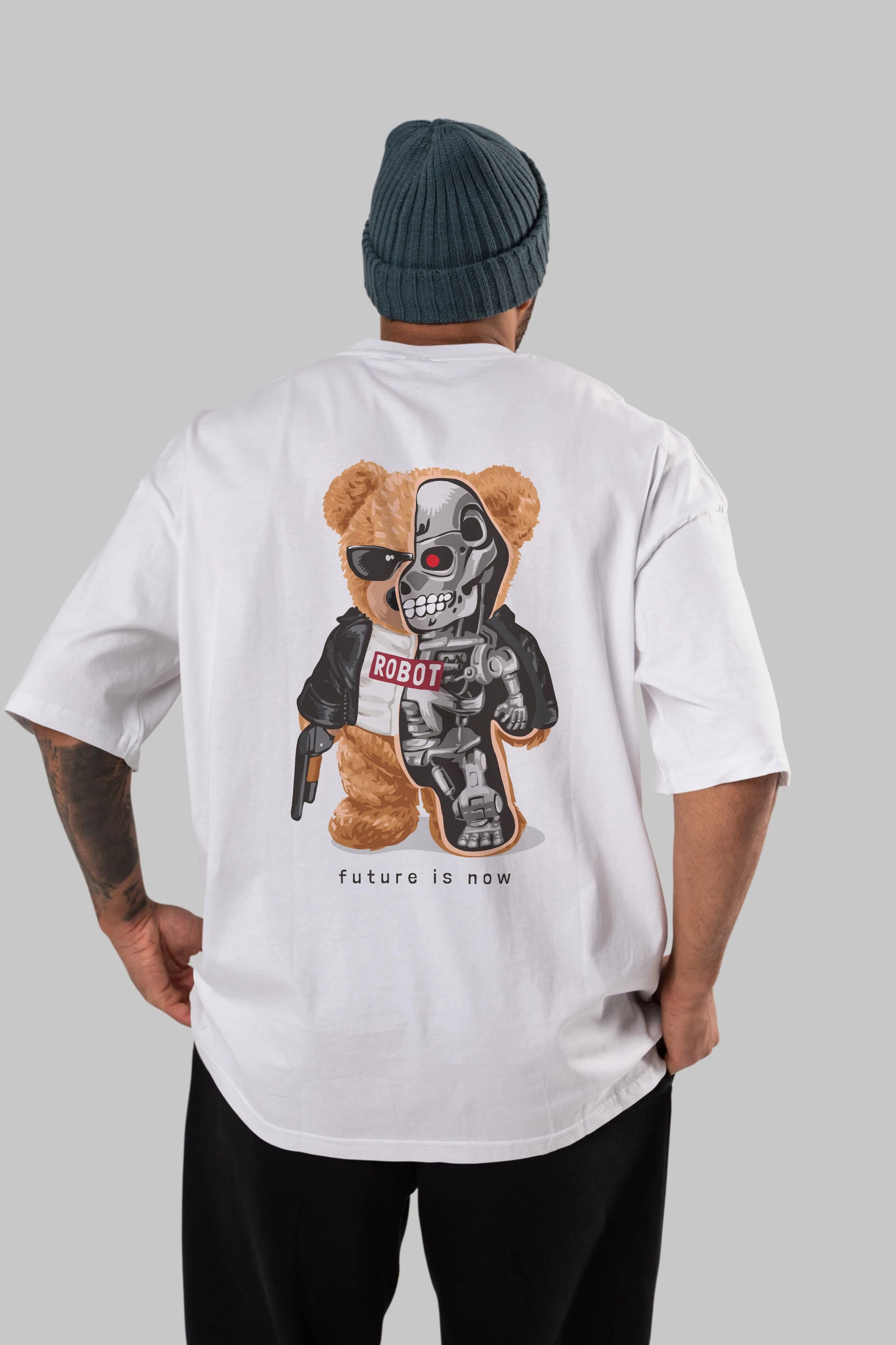 Teddy Bear Robot Arka Baskılı Oversize t-shirt Erkek Kadın Unisex %100 Pamuk