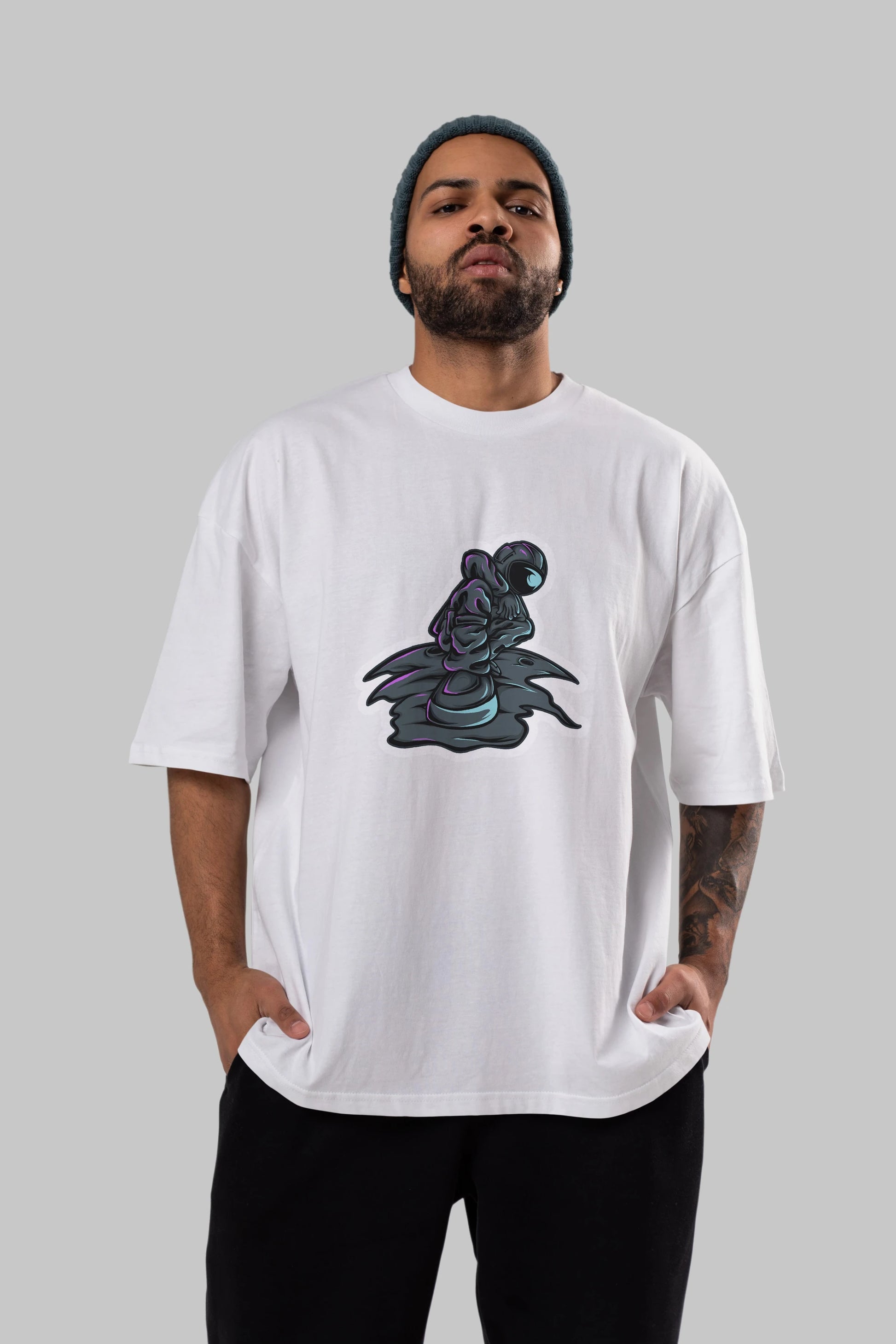 Stylish Astronaut Sticker Ön Baskılı Oversize t-shirt Erkek Kadın Unisex