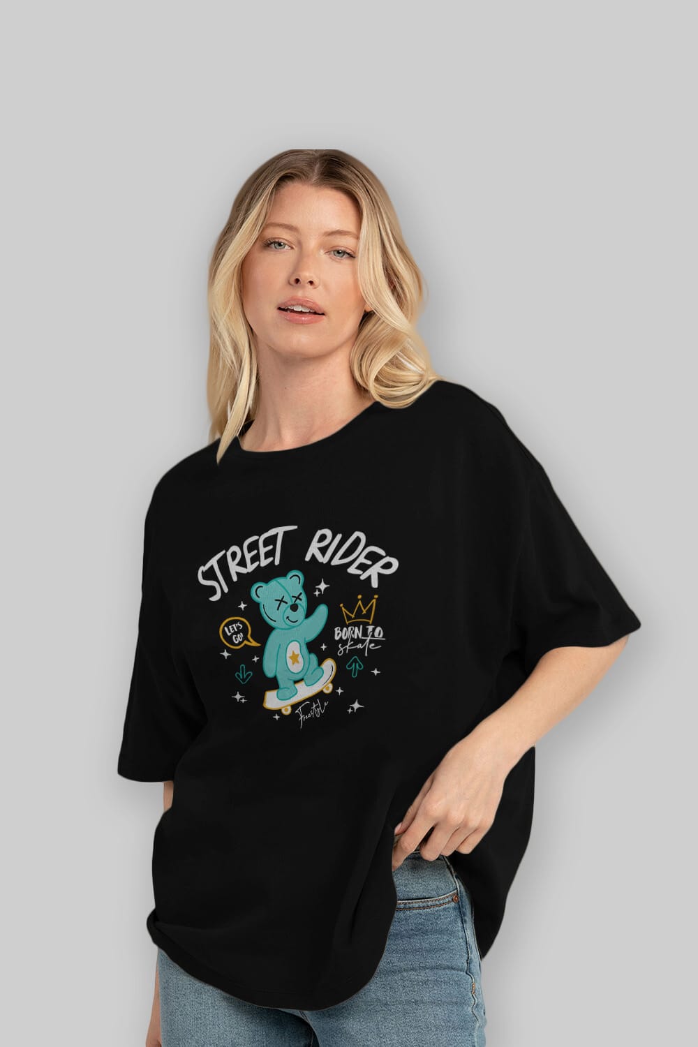 Street Rider Bear Ön Baskılı Oversize t-shirt Erkek Kadın Unisex