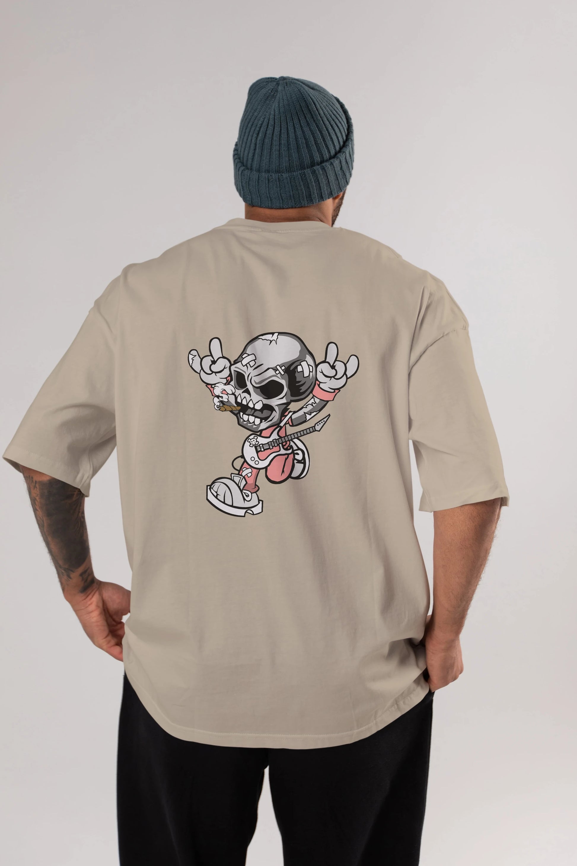 Skull Metal Sign Arka Baskılı Oversize t-shirt Erkek Kadın Unisex %100 Pamuk tişort