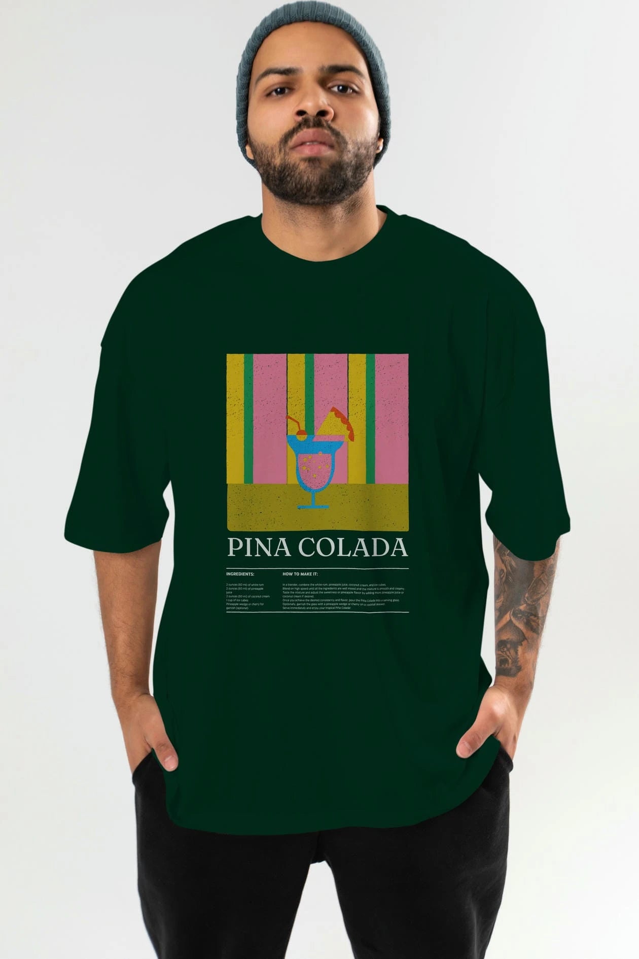 Pina Colada Kokteyl Ön Baskılı Oversize t-shirt Erkek Kadın %100 Pamuk Bisiklet Yaka tişort