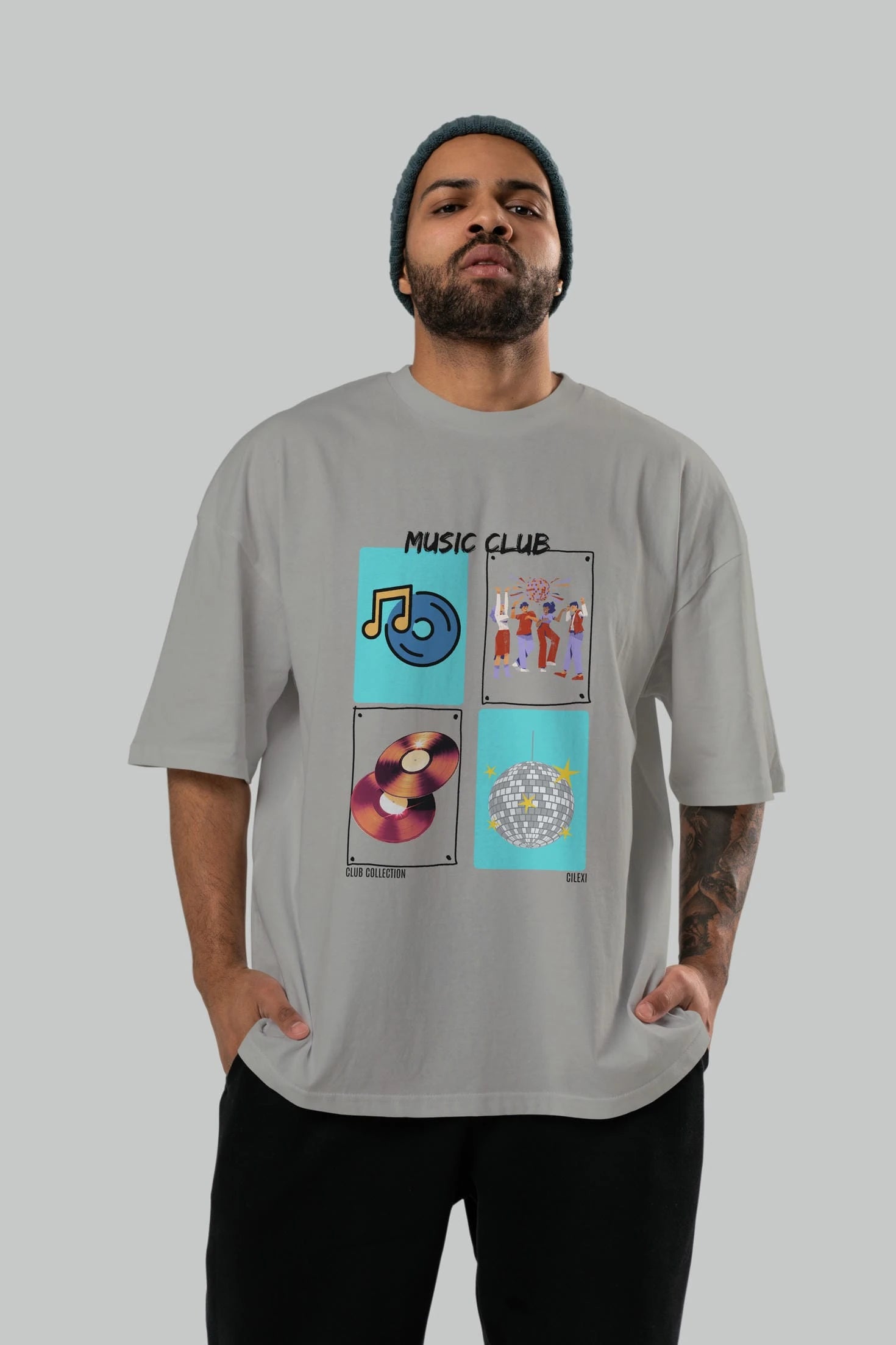 Music Club ön Baskılı Oversize t-shirt Erkek Kadın %100 Pamuk Bisiklet Yaka tişort