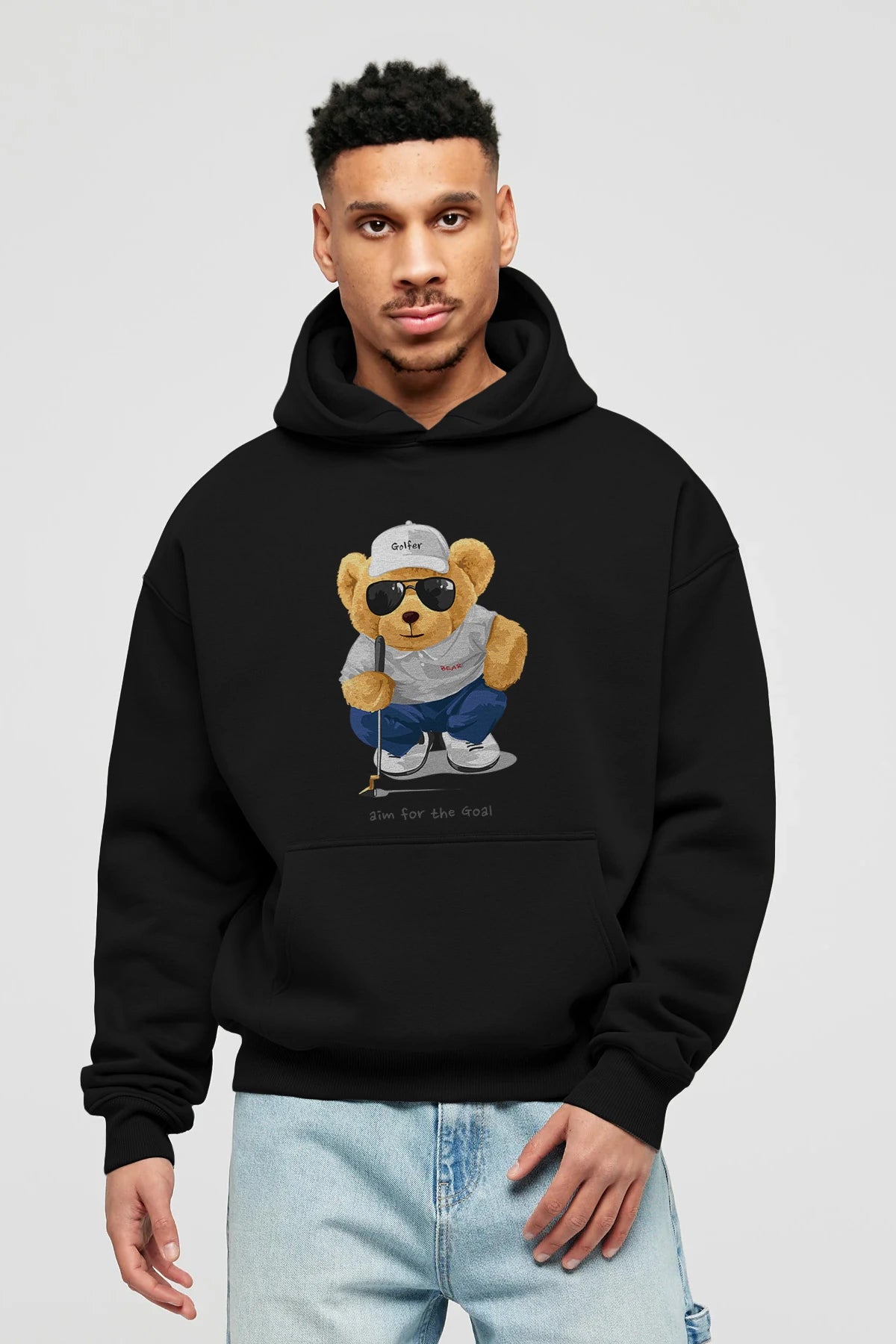 Teddy Bear Golfer Ön Baskılı Hoodie Oversize Kapüşonlu Sweatshirt Erkek Kadın Unisex