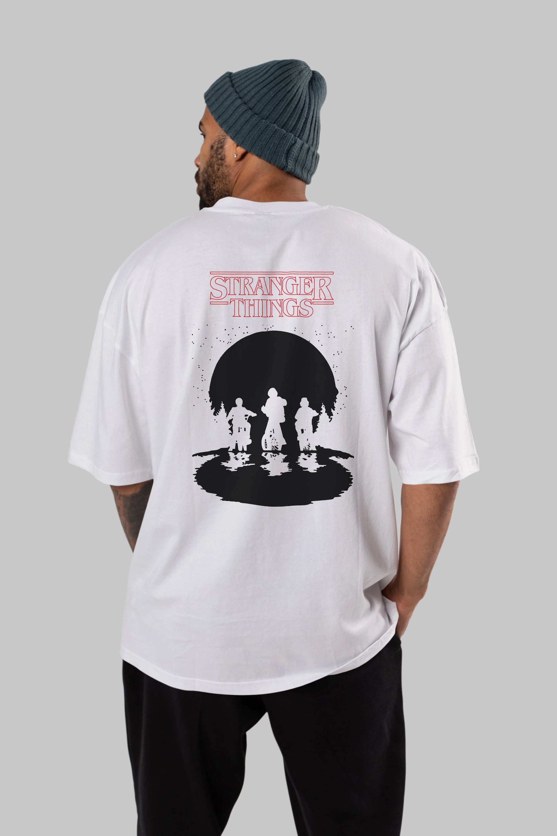 Stranger Things Arka Baskılı Oversize t-shirt Erkek Kadın Unisex %100 Pamuk Bisiklet Yaka tişort