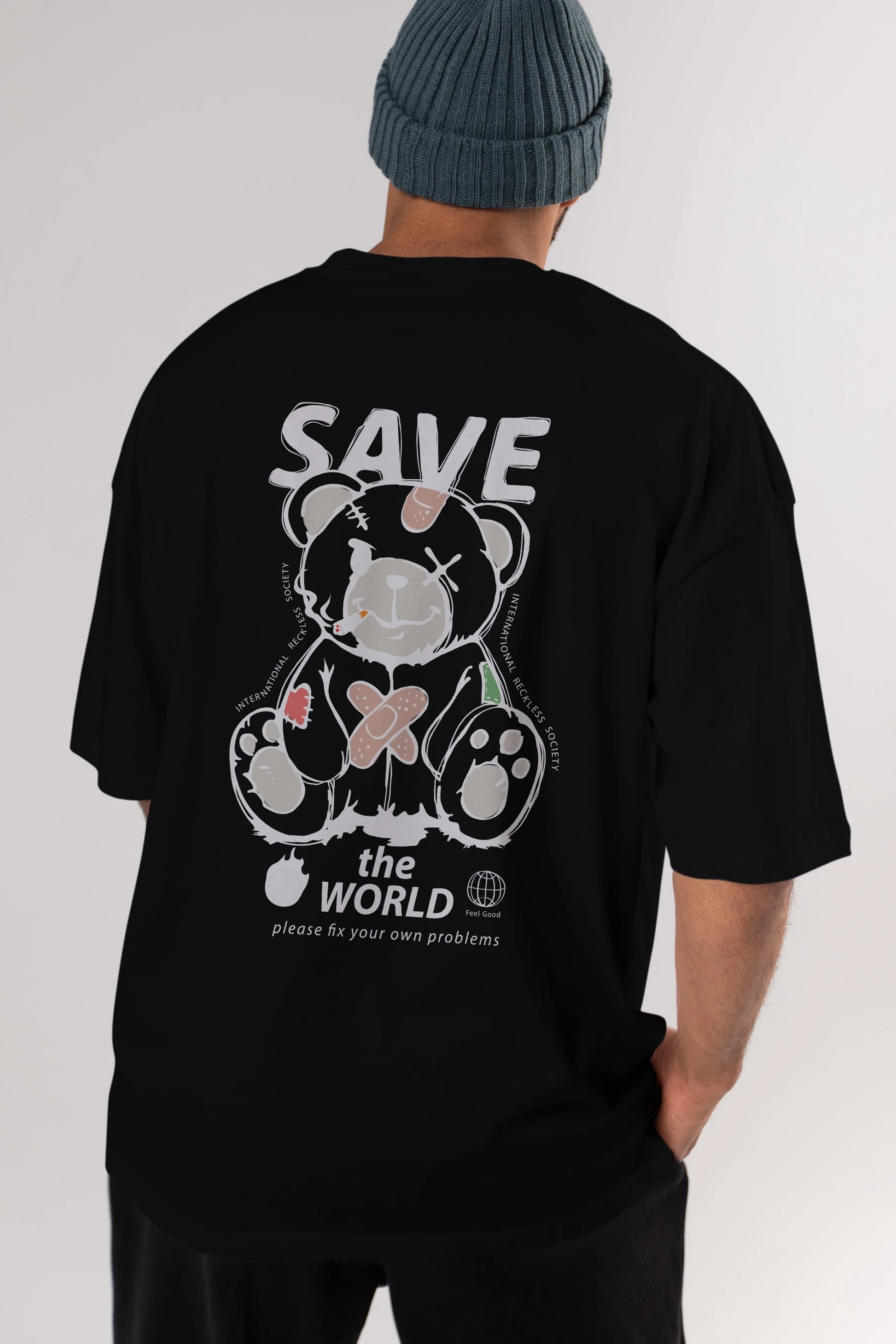 Save the World Bear Arka Baskılı Oversize t-shirt Erkek Kadın Unisex