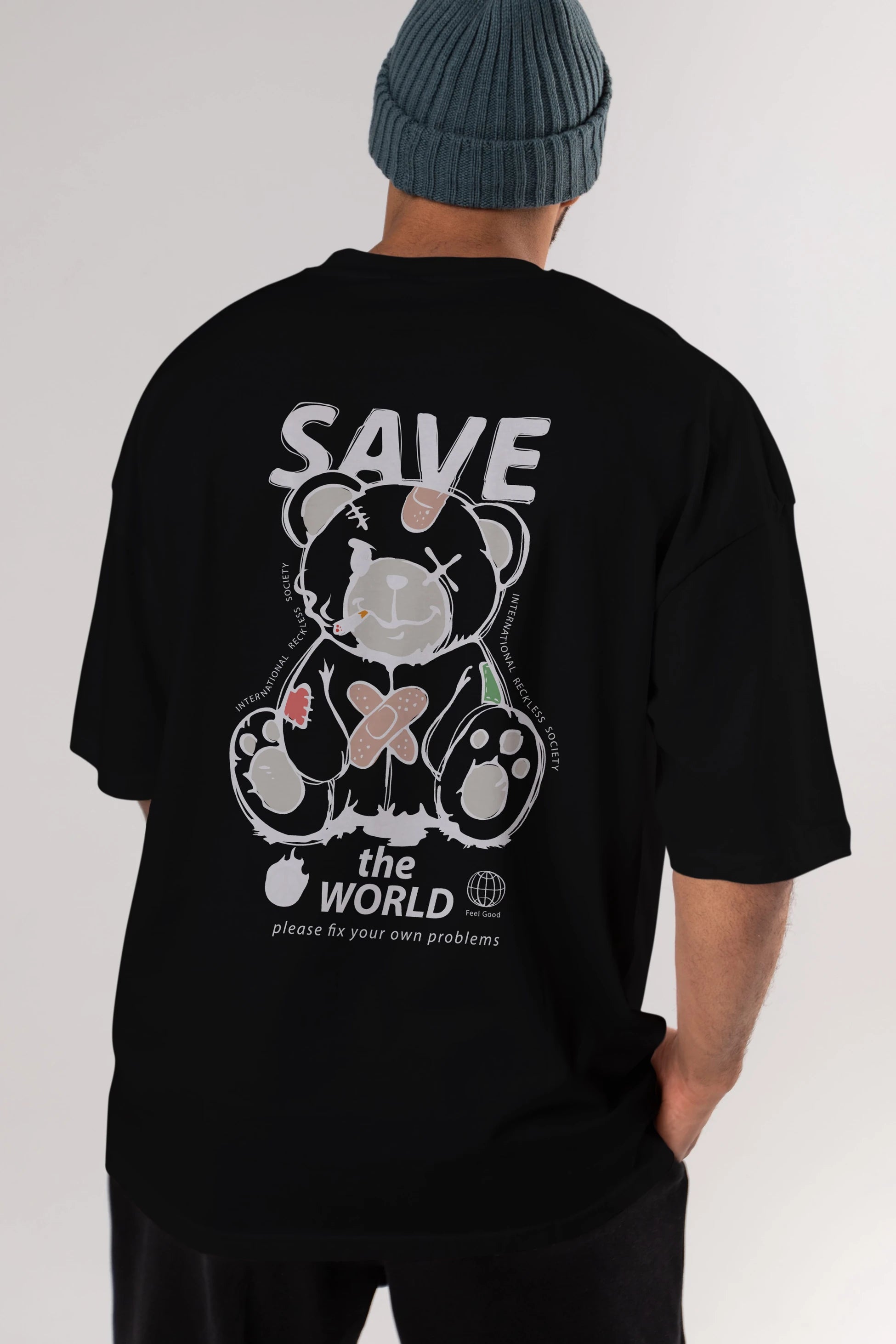 Save the World Bear Arka Baskılı Oversize t-shirt Erkek Kadın Unisex