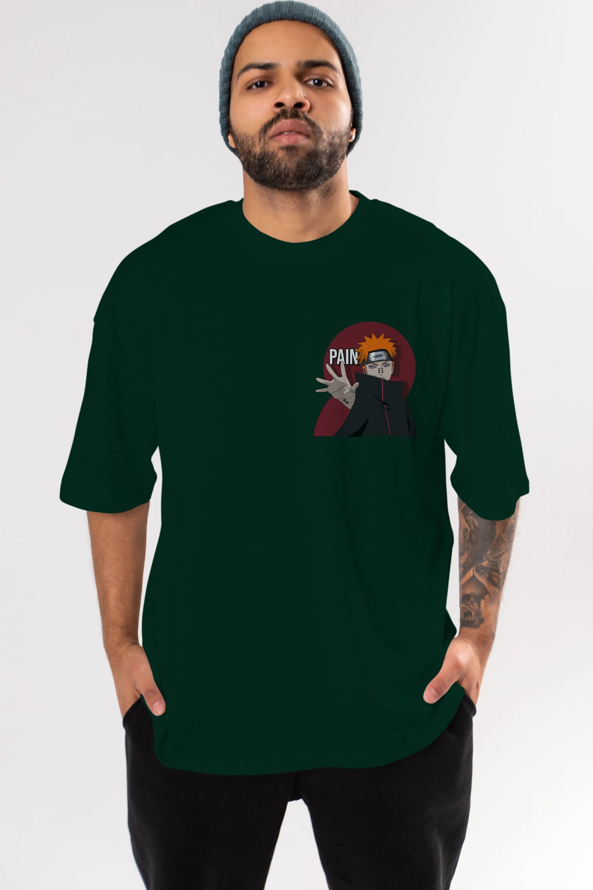 PAIN NARUTO Ön Sol Baskılı Oversize t-shirt Erkek Kadın Unisex %100 Pamuk Bisiklet Yaka tişort