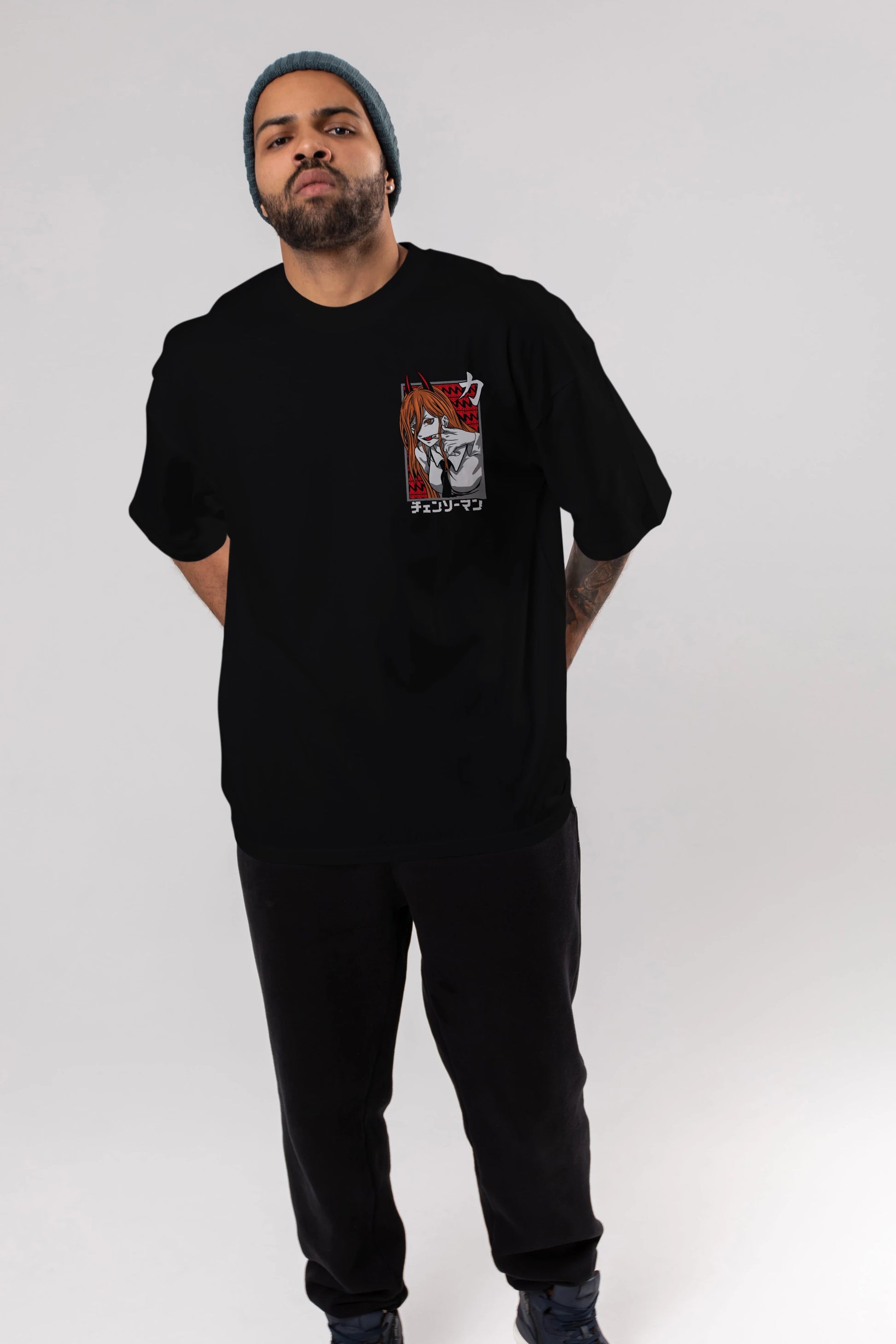 CHAINSAWMAN POWER Ön Sol Baskılı Oversize t-shirt Erkek Kadın Unisex %100 Pamuk Bisiklet Yaka tişort