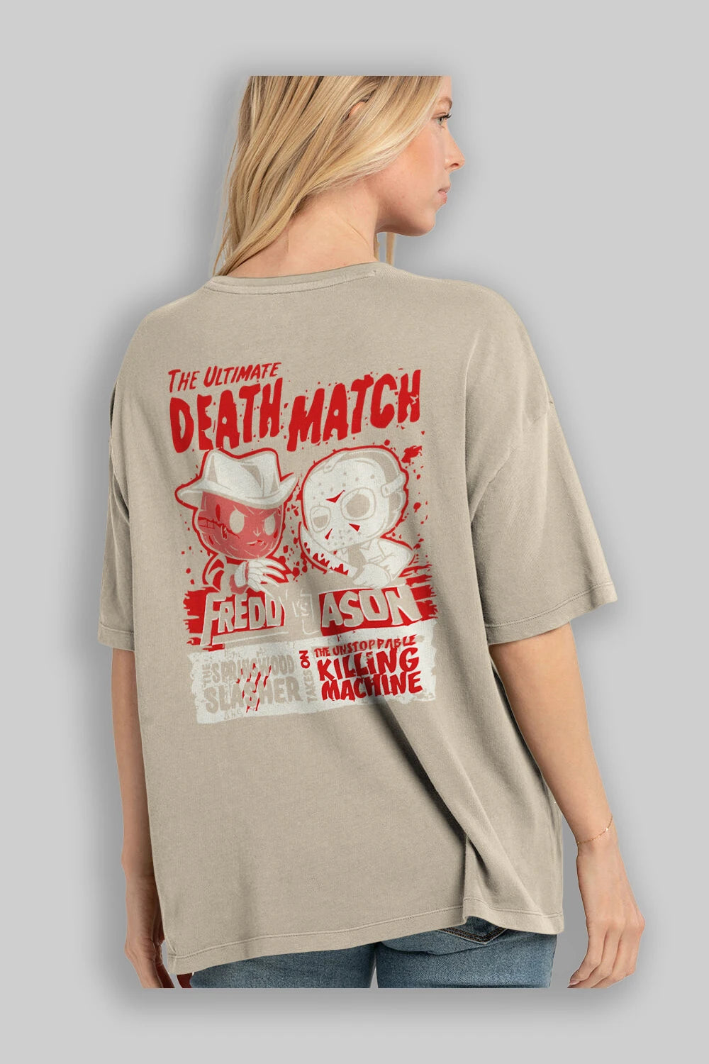 Freddy vs Jason Arka Baskılı Oversize t-shirt Erkek Kadın Unisex %100 Pamuk Bisiklet Yaka tişort
